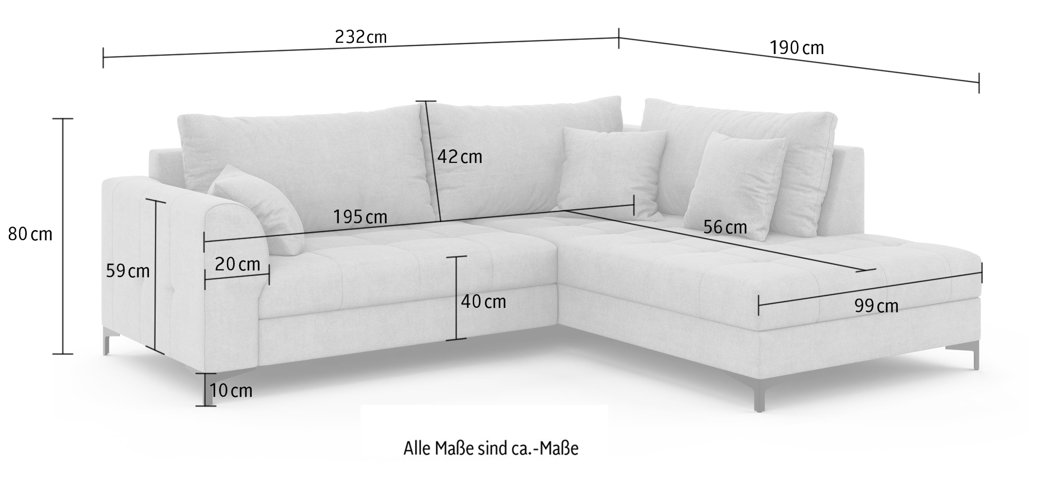 GOODproduct Canapé d'angle »LEEVKE Design-Sofa mit Ottomane rechts/links bestellbar, Breite 232 cm« in vielen modernen Farben erhältlich, belastbar bis 480 kg