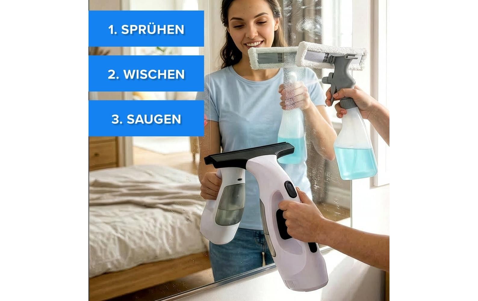 Lumaland Aspirateur de vitres sans fil »CLEANmaxx 3,7 V« nettoyeur de vitres sans fil avec fonction d’aspiration