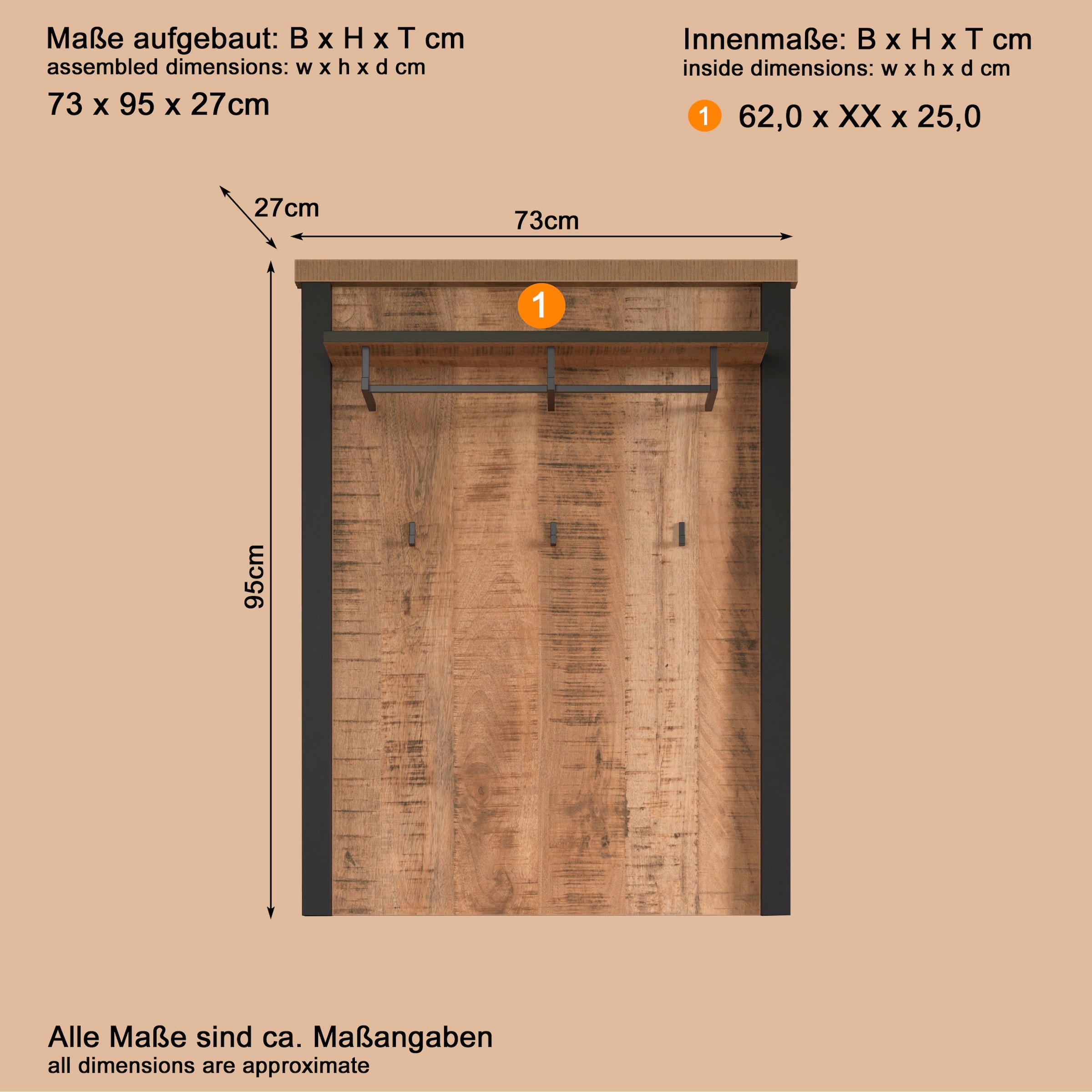 Home affaire Panneau de vestiaire »Elda« 1 cuis tlg. Wandpaneel mit Ablage, 1 Kleiderstange, 3 Haken – (B/T/H) 73/27/95 cm