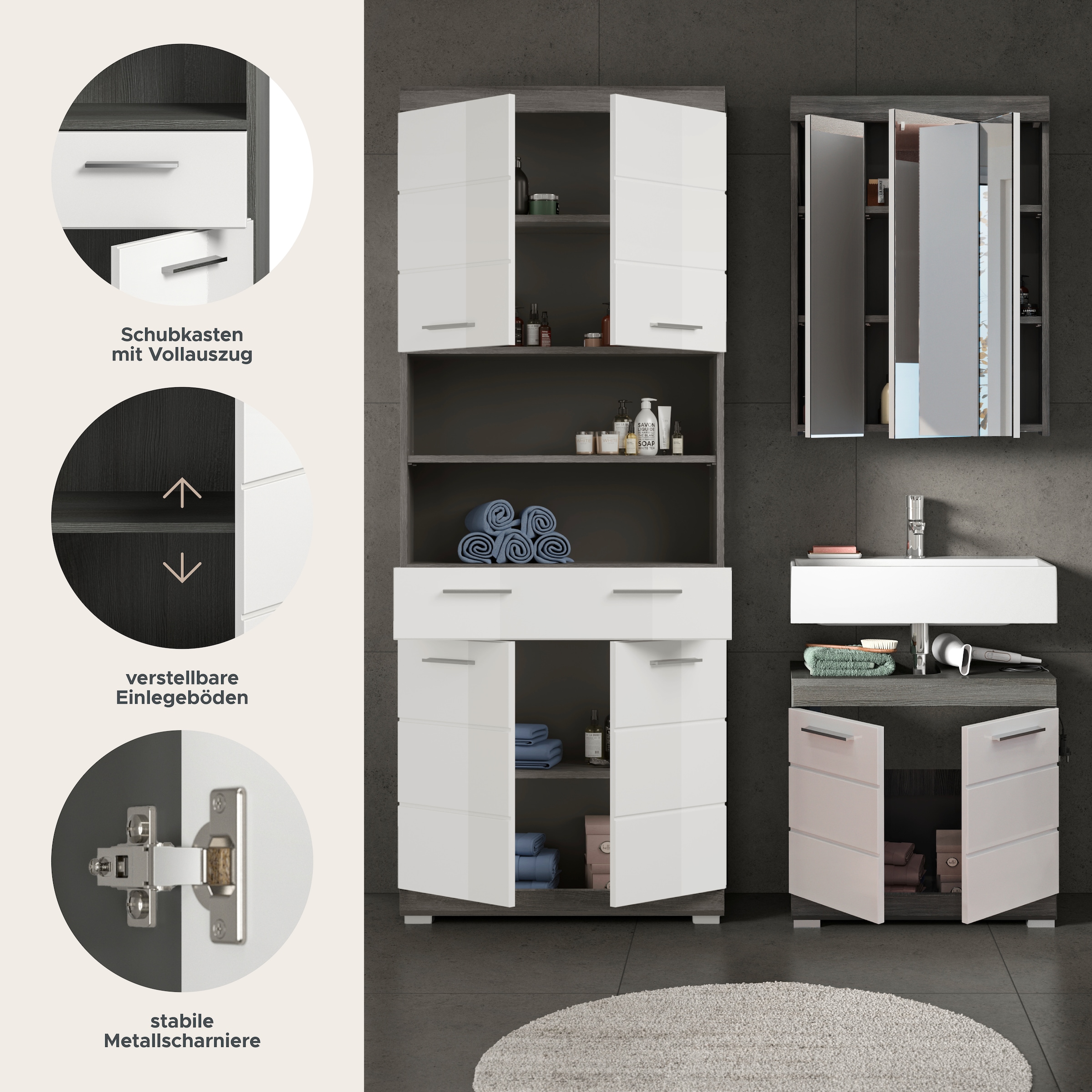 welltime Badmöbel-Set »SIENA, TOPSELLER!, Breite 149cm, 3-teiliges Set« Set, bestehend aus: Hochschrank, Waschbeckenunterschrank & Spiegelschrank, 3 Stk. tlg.