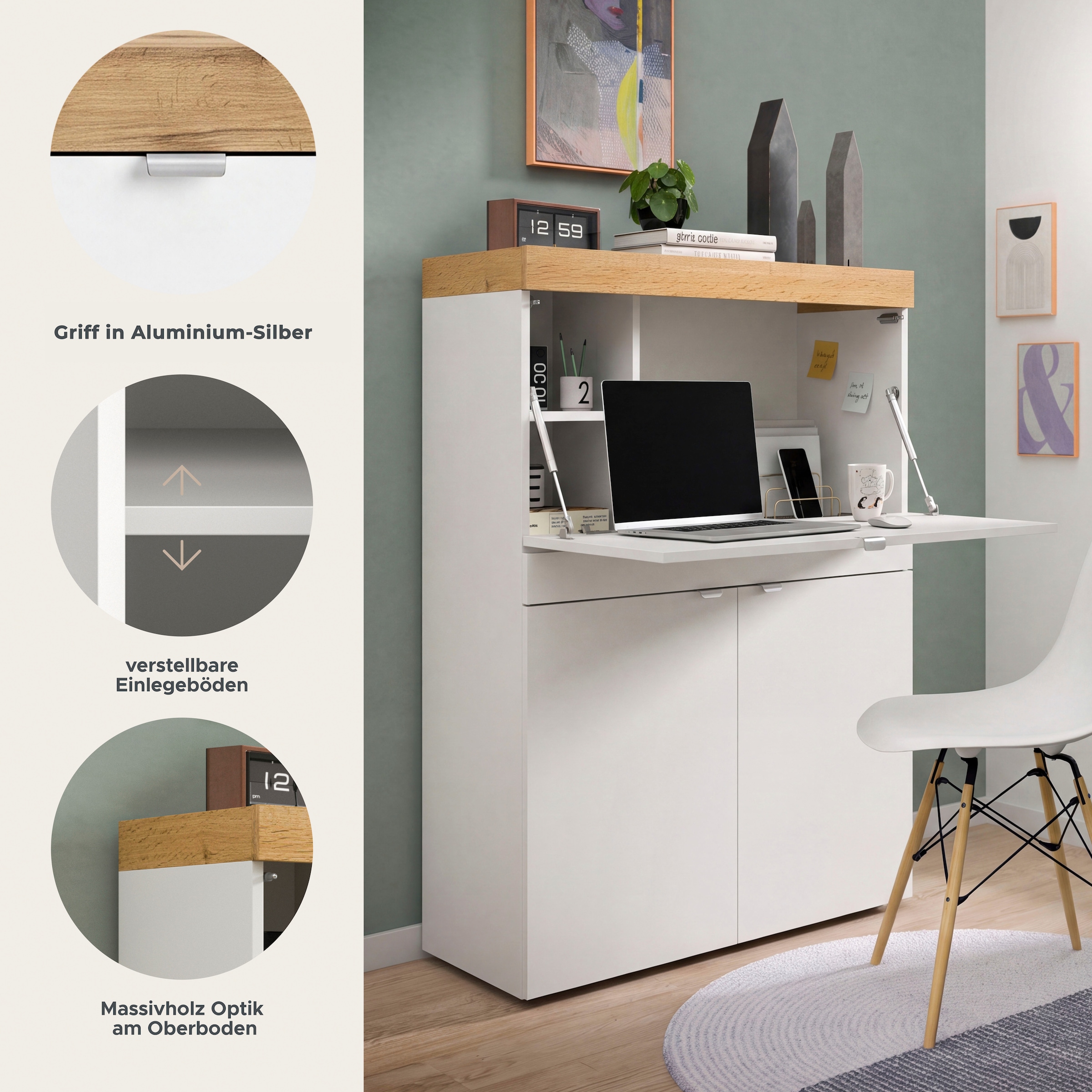 GOODproduct Secrétaire »MAMBO, Höhe 122cm, 2 Türen, 1 Schubkasten, 1 Klappe« Bureau pour télétravail, armoire PC, bureau, bureau