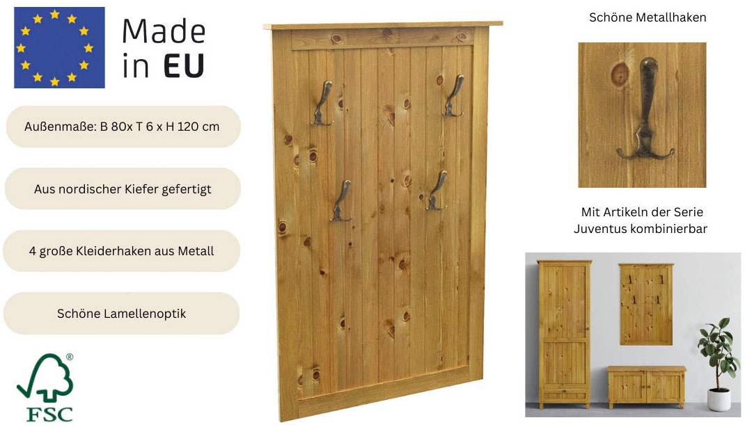 GOODproduct Garderobenpaneel »Juventus« 1 Stk. tlg. aus massiver Kiefer, 4 Doppelhaken