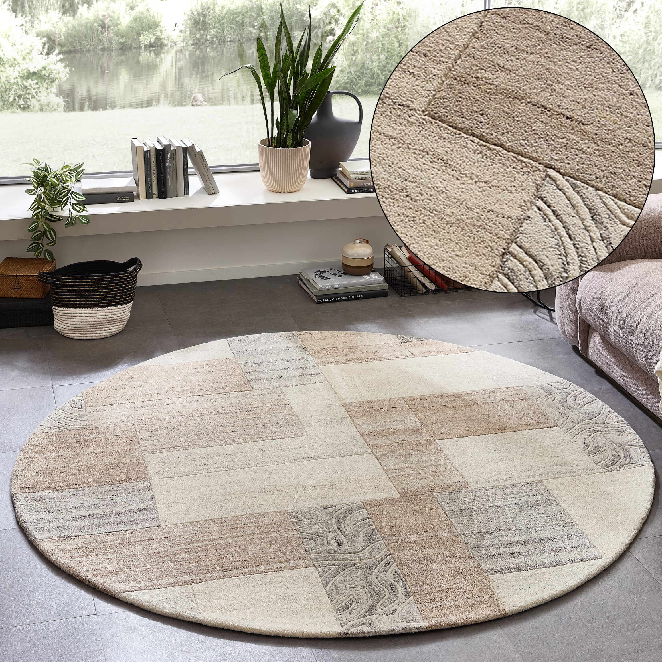THEKO Tapis en laine »Lola,  Wolle, handgearbeitet, Patchwork Design« Rond 12 mm Höhe handgetuftet, Wohnzimmer, Schlafzimmer, Esszimmer