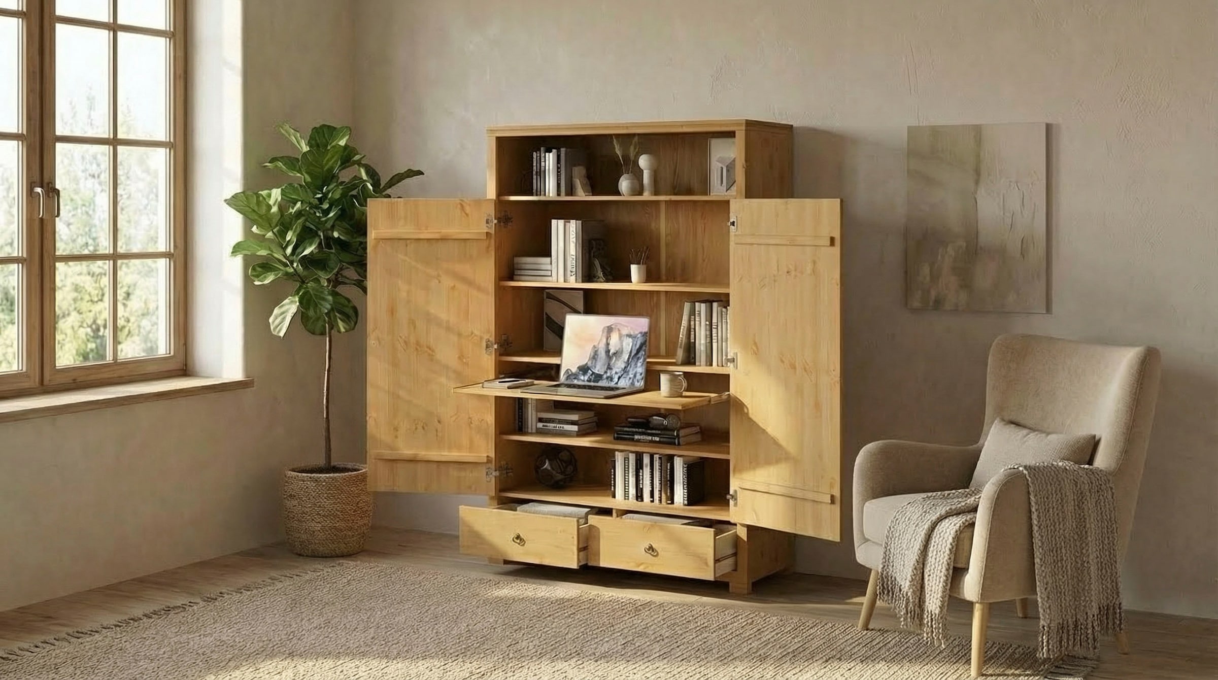 GOODproduct Wäscheschrank »Gotland! Home Office Schrank, Mehrzweckschrank, Büroschrank« H/B/T ca. 180/125/40cm,  mit Ausziehregal, Schublade, stabil + langlebig, Massivholz made in EU