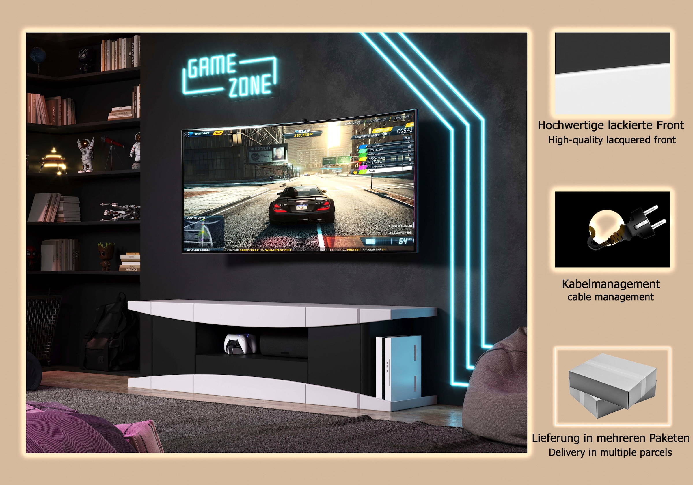 INOSIGN Table basse »NextLevel speziell geeignet für Spielekonsolen« Gaming-Lowboard wahlweise mit Beleuchtung - (B/T/H) 180/42/52 cm