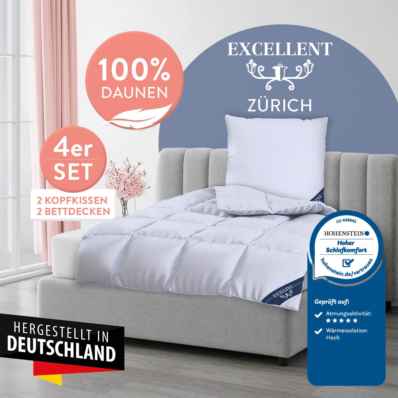 Excellent Daunenbettdecke + Federkissen »Zürich, Bettdecke normal mit Bestnote "Hoher Schlafkomfort" bewertet.« 4-tlg.Set 2x135x200 & 155x220 cm & 2xKissen 80x80 cm