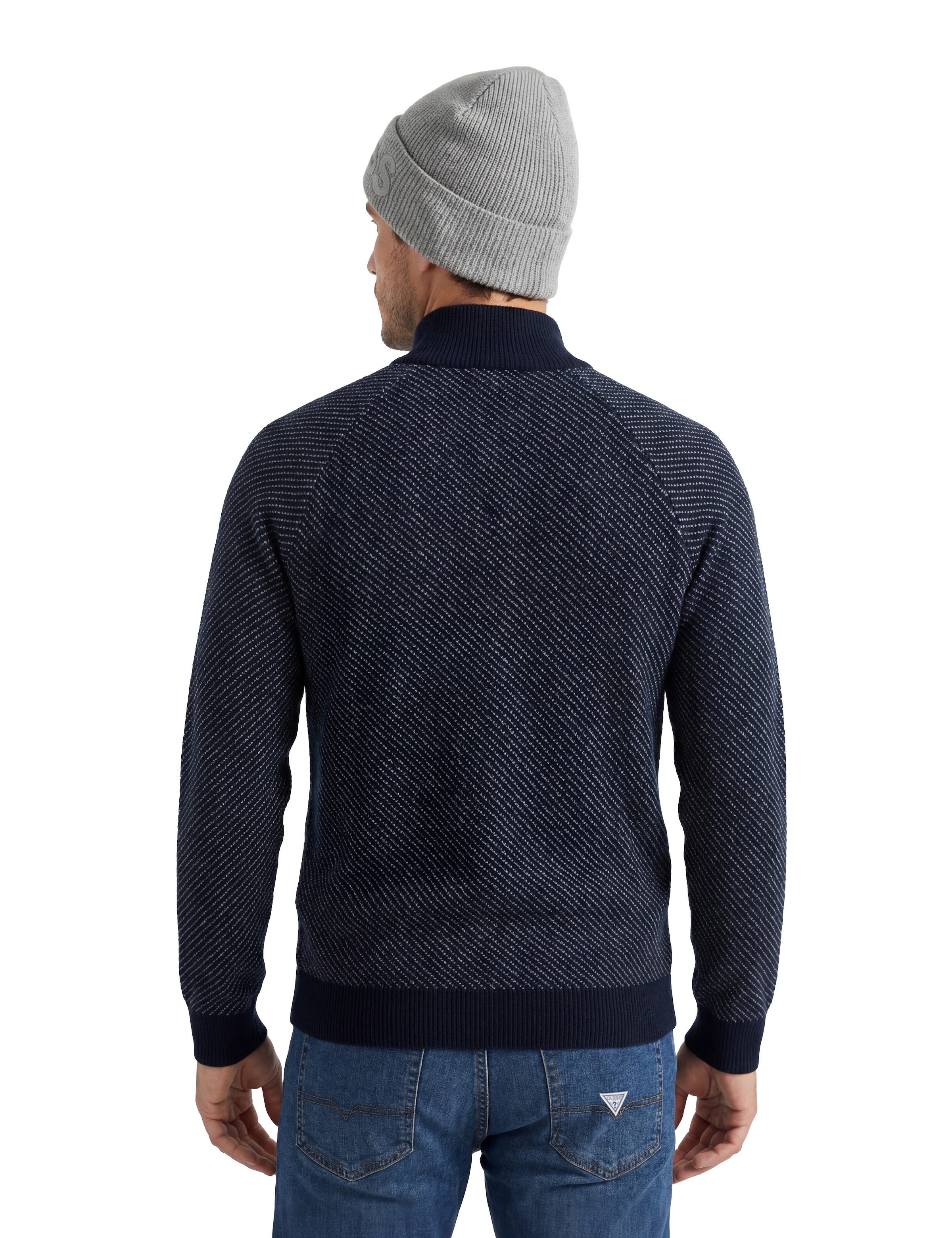 Guess Pull jacquard »NICO DIAGONAL STITCH« mit Wolle, Stehkragen mit Reissverschluss, Jaquard-Strick
