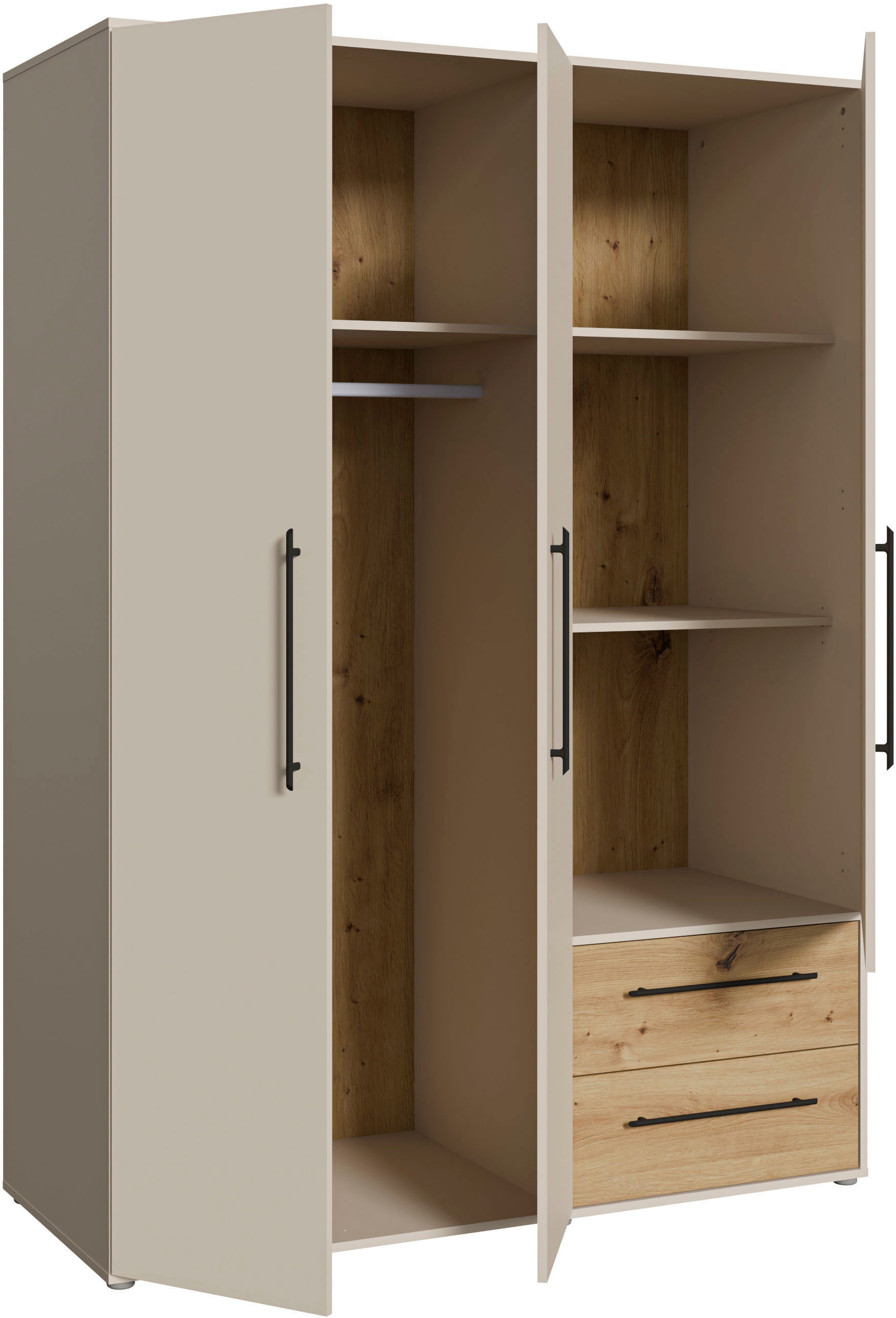 FORTE Armoires à vêtements »Mokkaris , Garderobe, zeitloses Design, 3 Türen, Made in Europe« L/H/P env. 144x200x59 cm,  Deux tiroirs, poignées barres noires, rangement, aussi en noir
