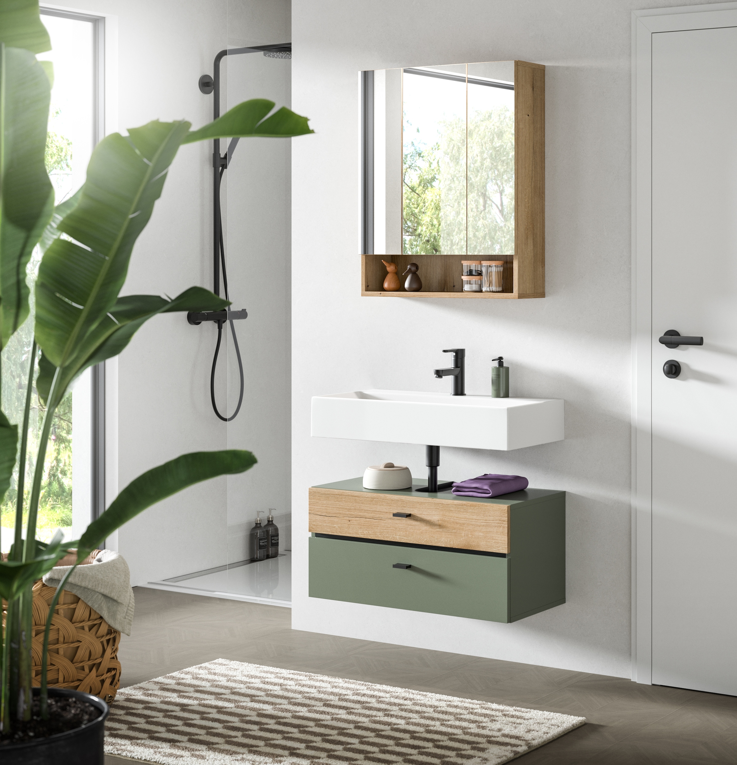 welltime Ensemble de meubles de salle de bain »VANN, 2-teilige moderne Badkombination« 1x Waschbeckenunterschrank, 1x Spiegelschrank, 2 cuis tlg.