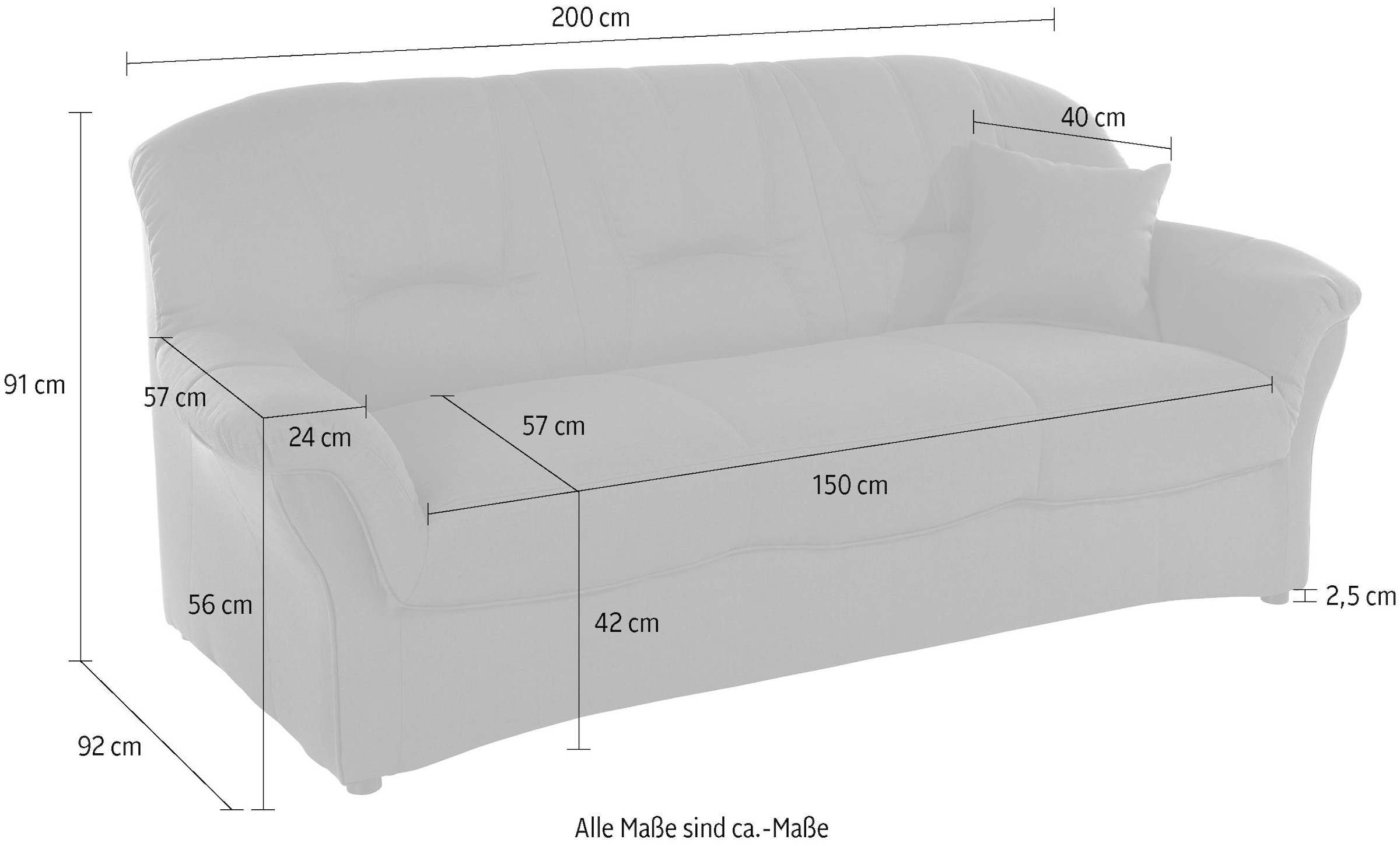 DOMO collection 3-Sitzer »Bahia Couch, B/T: 200/92 cm, belastbar bis 140kg/ Sitz, mit Federkern« Microfaser, natur