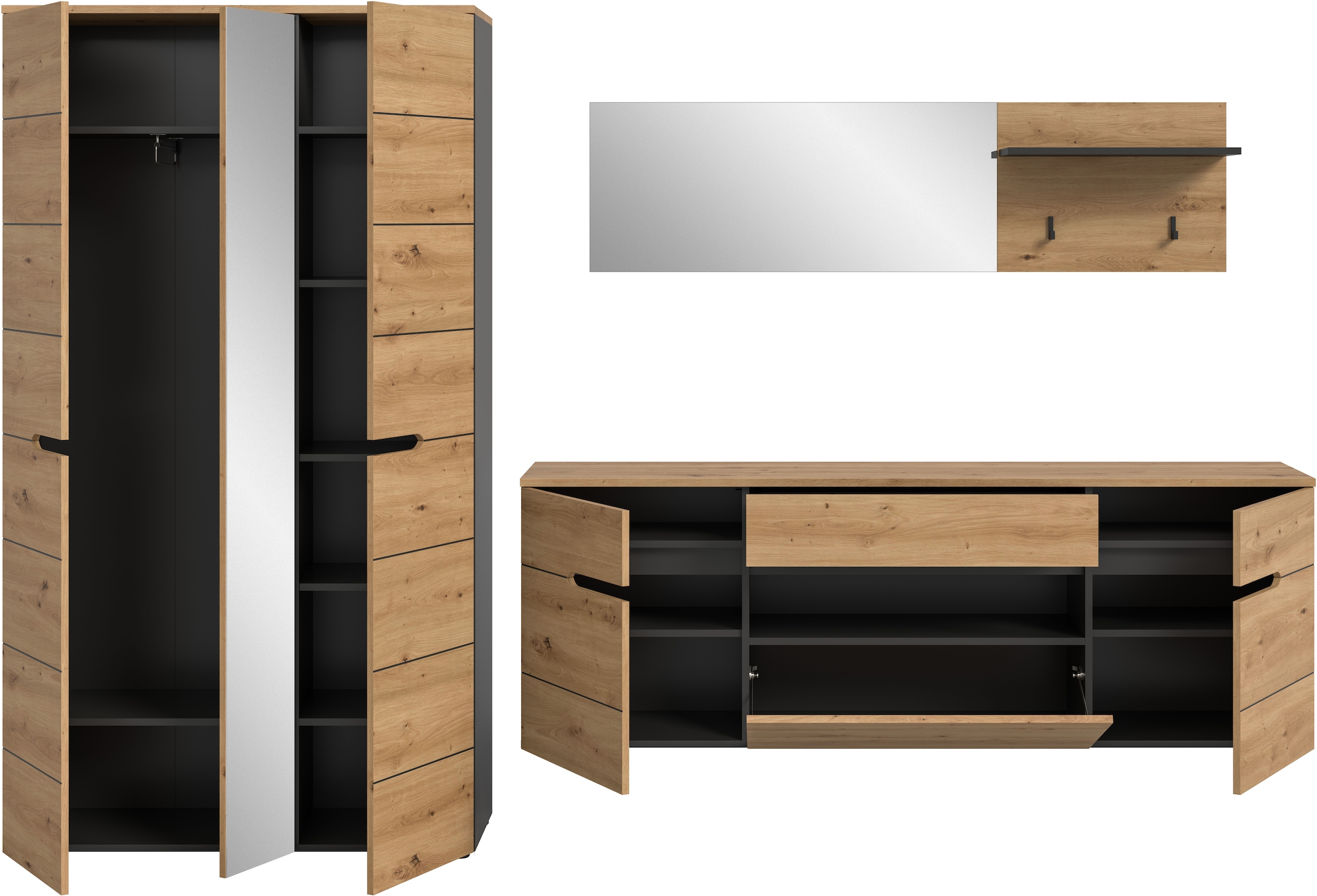 Home affaire Garderoben-Set »REHAT, TOPSELLER!, 3-teilig, Breite 296 cm, individuell stellbar« Set, best. aus: Garderobenschrank, Hängeschrank & Garderobenpaneel, 3 Stk. tlg.