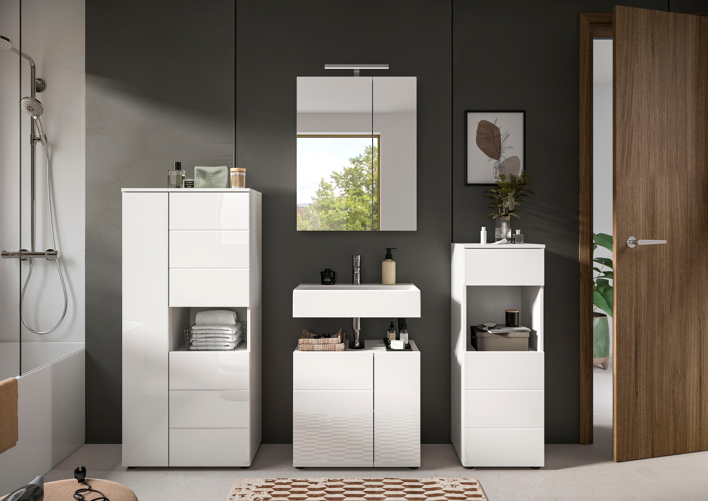 welltime Ensemble de meubles de salle de bain »Biel, Höhe 190 cm,Hochschrank,WBU, Spiegelschrank, Unterschrank, Lampe« 5 cuis tlg.