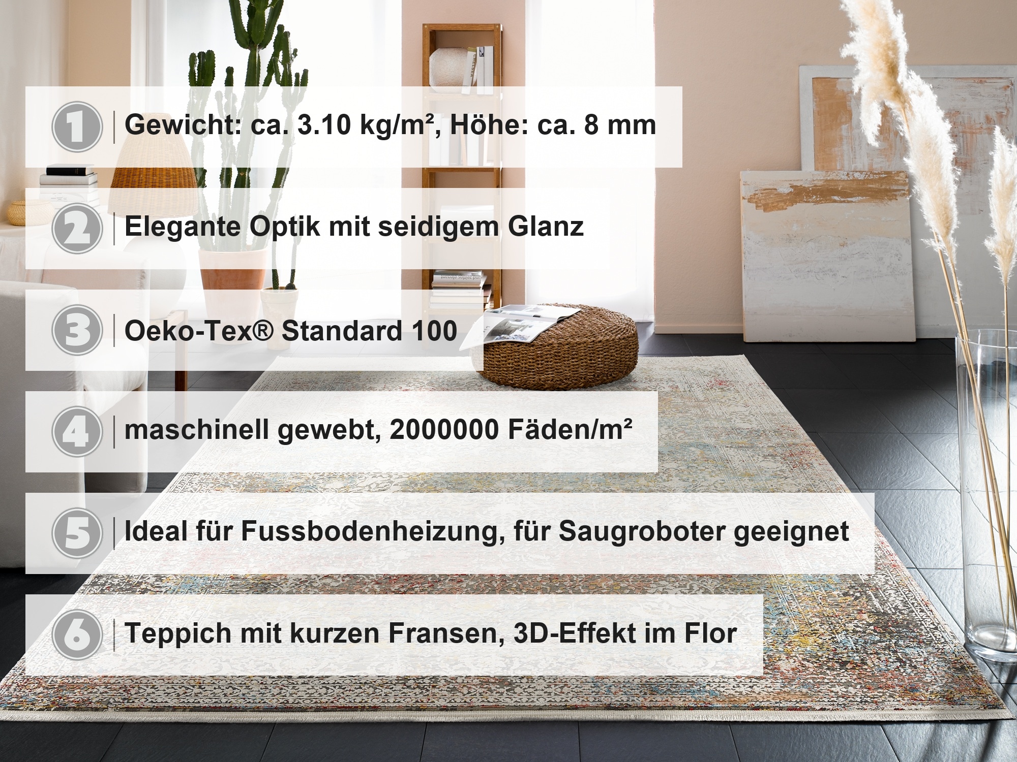 OCI DIE TEPPICHMARKE Teppich »BESTELLER CAVA« rechteckig 8 mm Höhe Glanz Viskose, mit Fransen, Hoch Tief Struktur, Vintage, Wohnzimmer