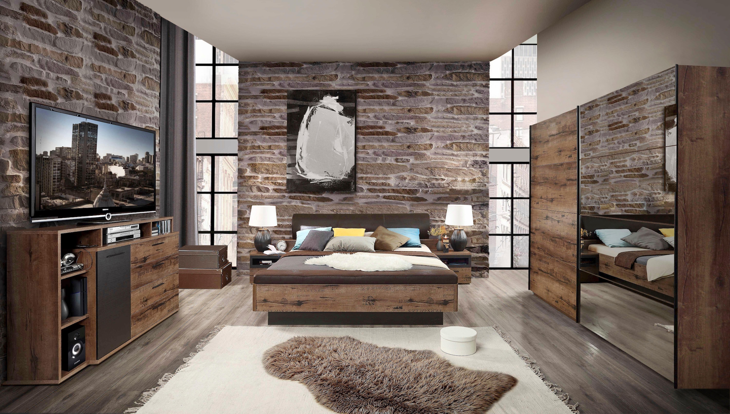 FORTE Lit »Jacky, Belastbarkeit 250 kg, Stauraum« Surface de couchage 180x200 cm,  Tête de lit rembourrée et banc intégré en panneau de bois certifié FSC