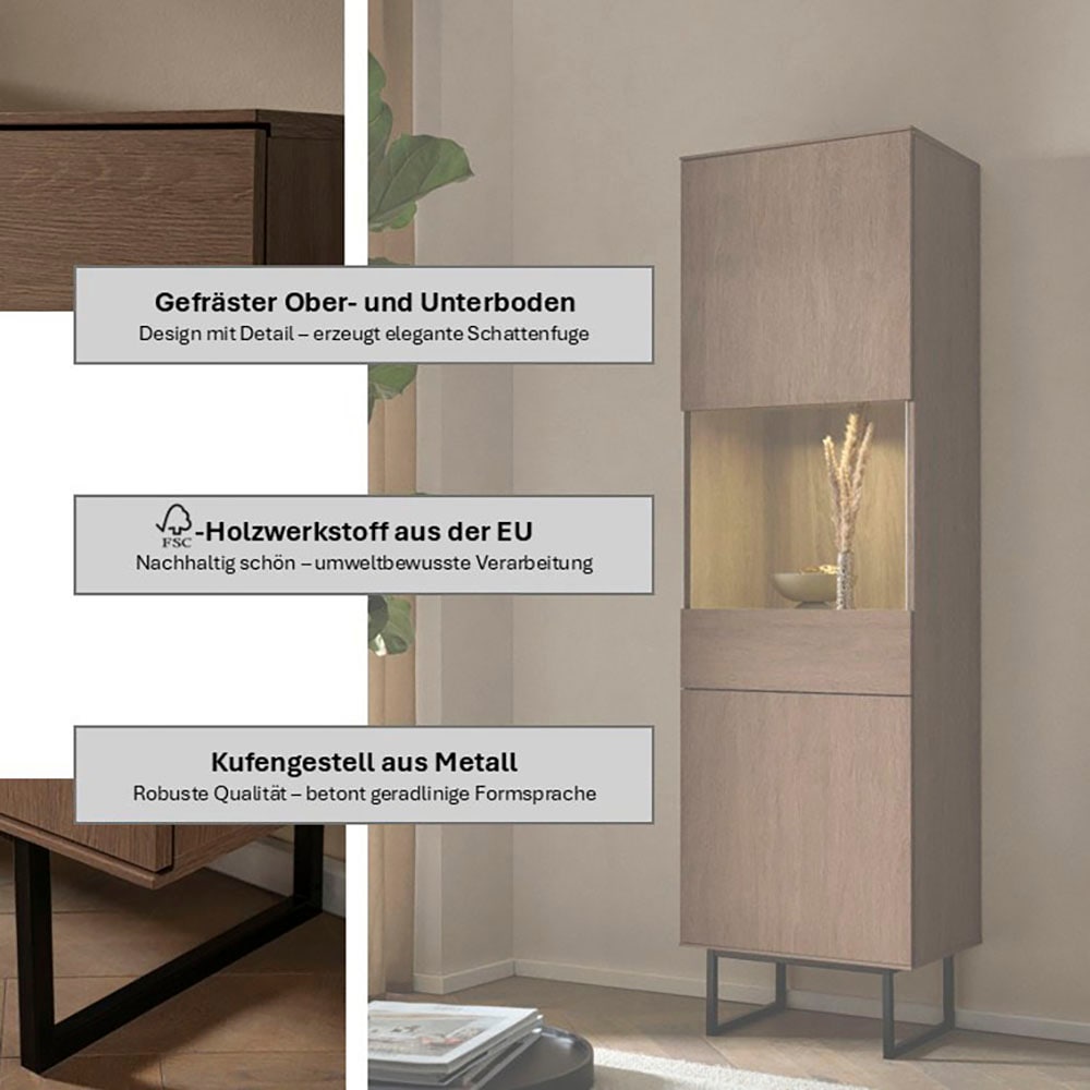 Home affaire Vitrines »Lund, moderner Hochschrank, Glasvitrine mit Kufengestell aus Metall« surface supérieure visuellement fine, aspect haut de gamme, espace de rangement suffisant