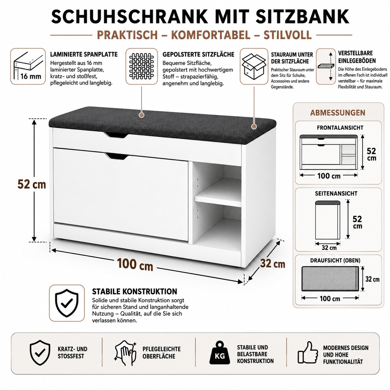 GOODproduct Schuhbank »Eric, Schuhregal, Schuhtruhe, Schuhkommode, Sitzbank« Inkl. bequemem Sitzkissen, darunter 1 Klappe für Schuhe und 2 Fächer