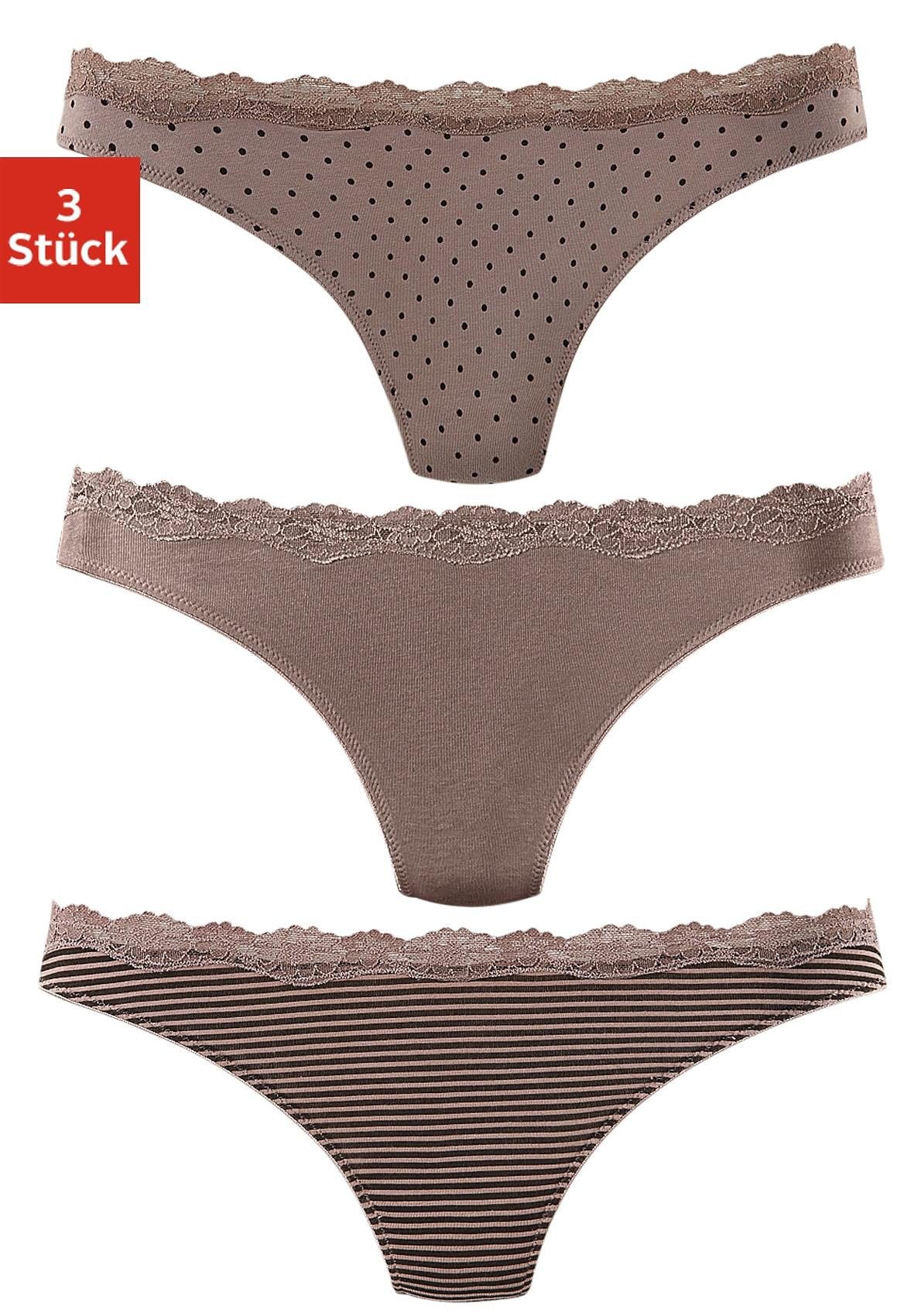 LASCANA String 3er-Pack,  aus elastischer Baumwolle mit zarter Spitze