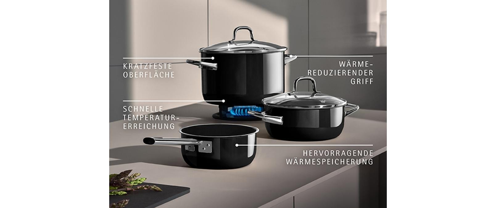 WMF Set de casseroles »Fusiontec Essential Pro« Ensemble, 7 tlg. Acier inoxydable | Verre