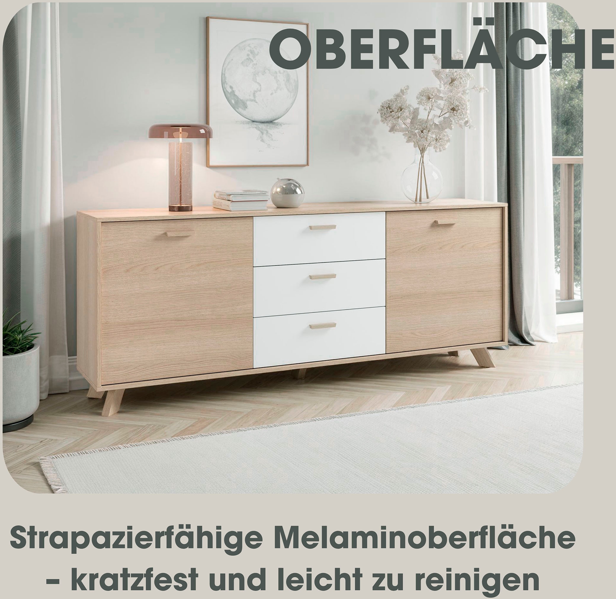 byLIVING Sideboard »Bastian« 1 Stk. tlg. mit massiven Holzfüssen und Griffen, natürlicher Eichenlook, 180cm