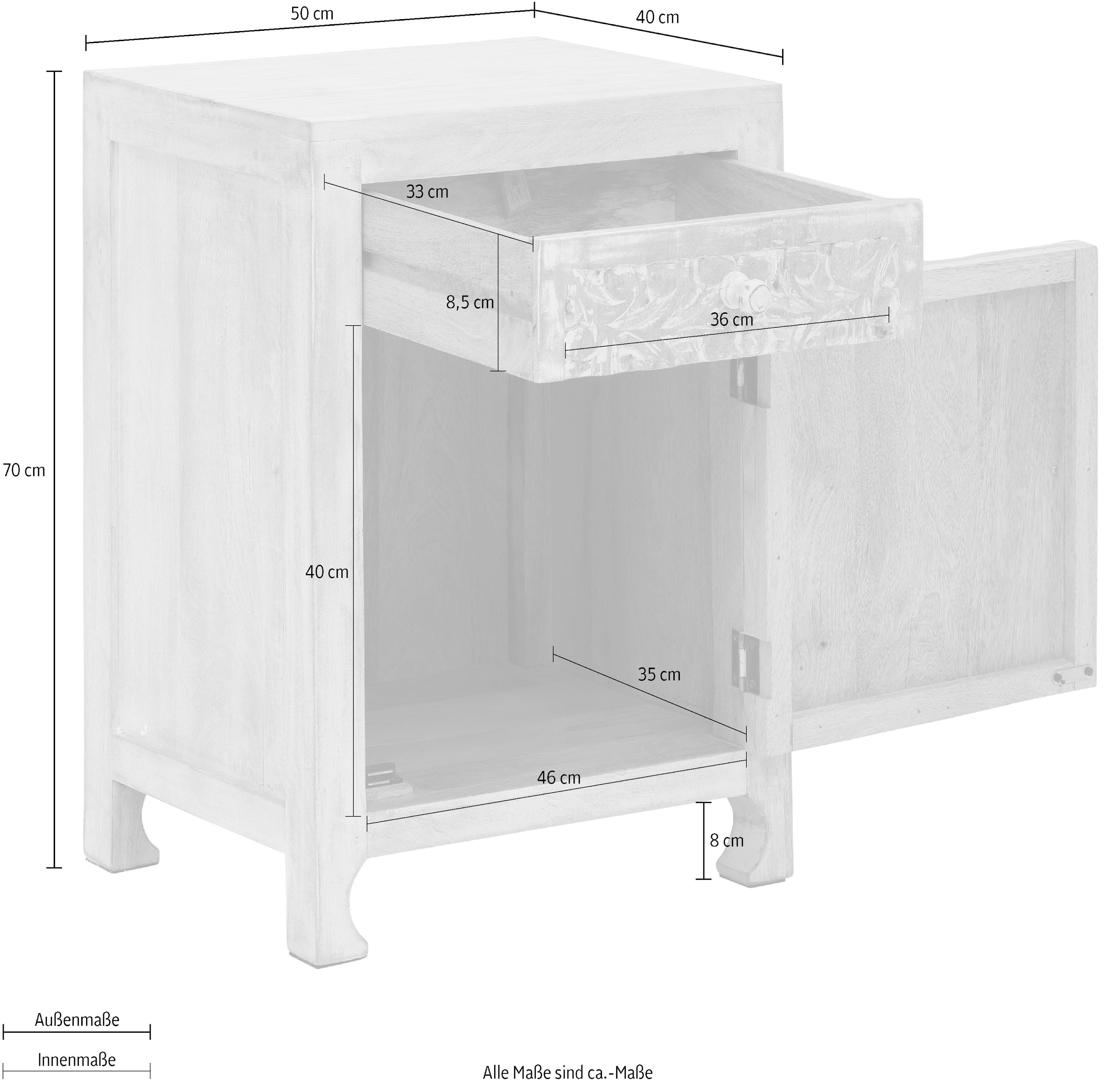 GOODproduct Nachtkommode »Bonstetten« pflegeleichtes Mangoholz, mit dekorativen Schnitzereien, Breite 50 cm