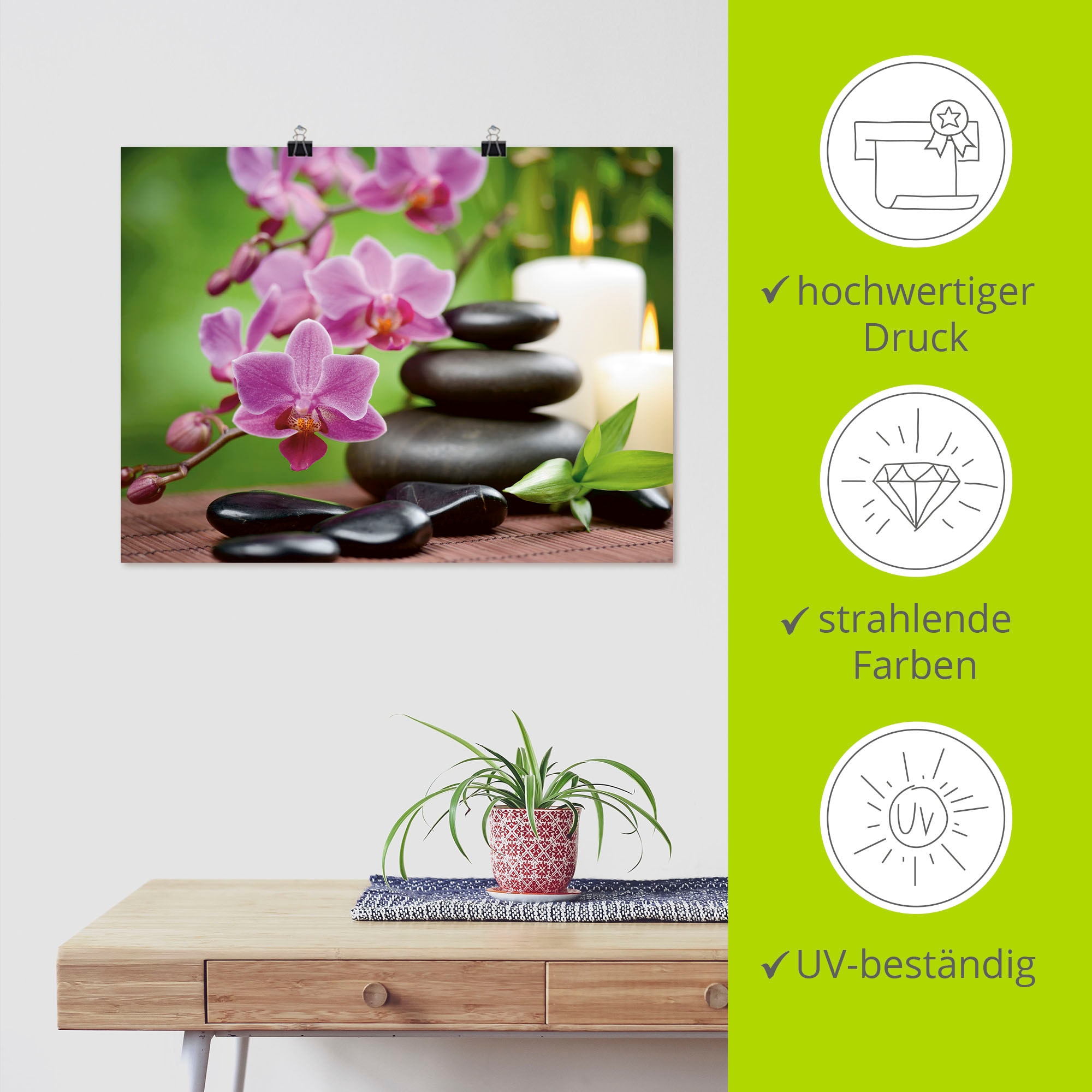 Artland Fresque murale »Zen Basaltsteine und Bambus auf Holz« 1 cuis tlg. als Alubild, Outdoorbild, Leinwandbild, Poster, Wandaufkleber