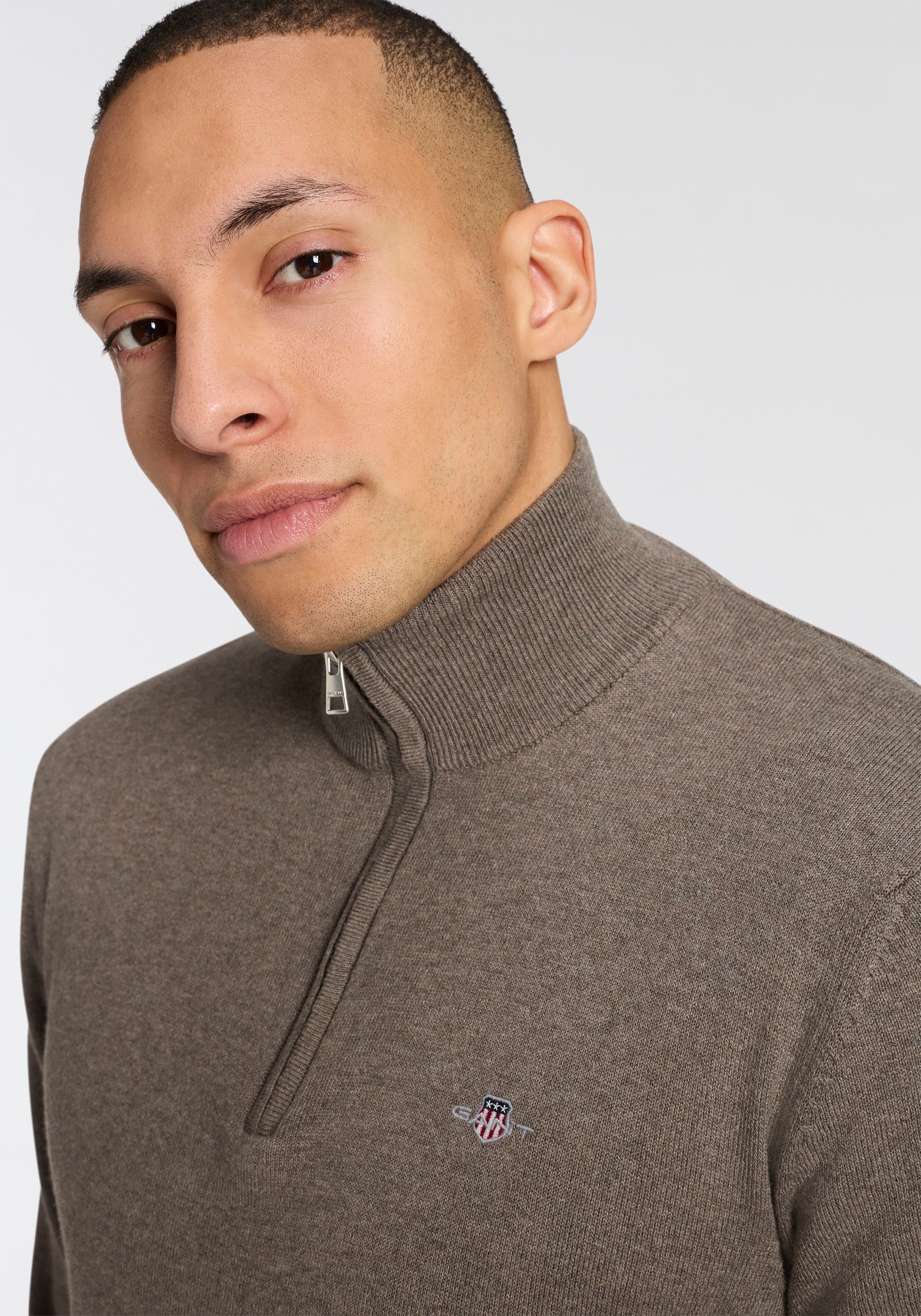 Gant Pull à col montant »COTTON/WOLL HALF ZIP« mit Rippstrick-Details, normale Passform