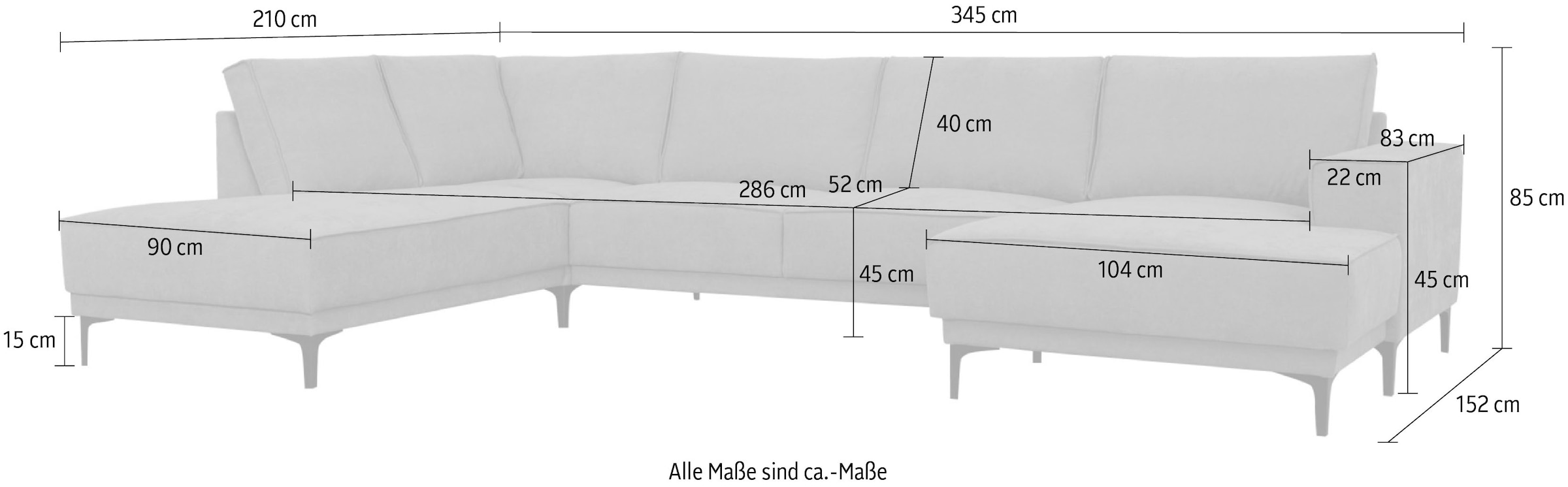 PLACES OF STYLE Paysage de salon »XXL Sofa Oland, Struktur, Flachgewebe, Luxus-Microfaser, Boucle« U-Form, 345 cm, Wellenunterfederung, Skandi-Design, Metallfüsse