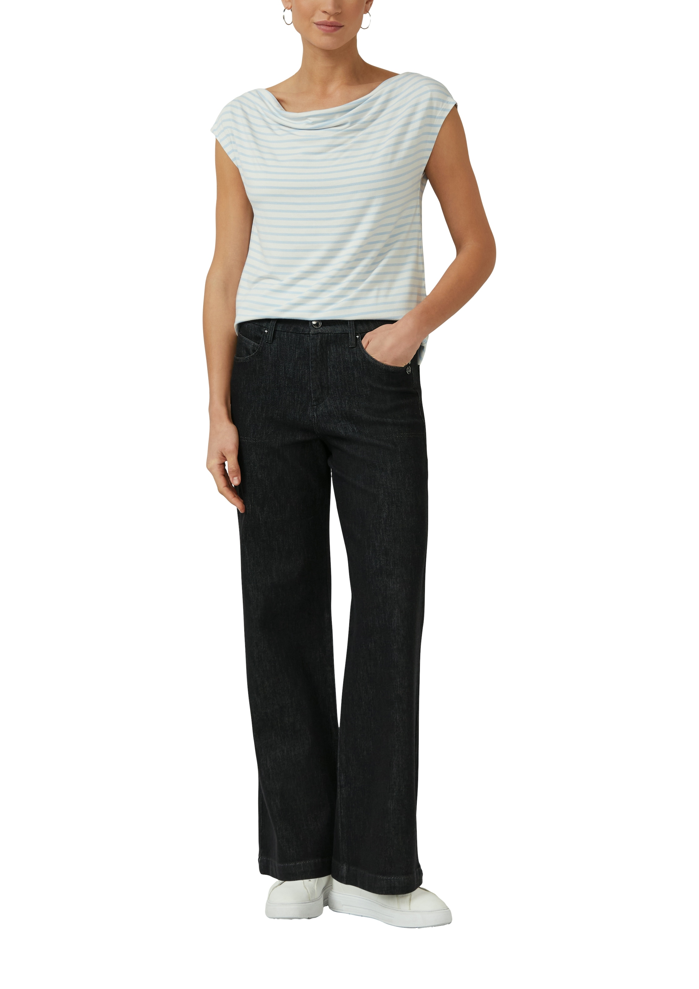 s.Oliver BLACK LABEL T-Shirt mit Wasserfallausschnitt und Streifen-Design