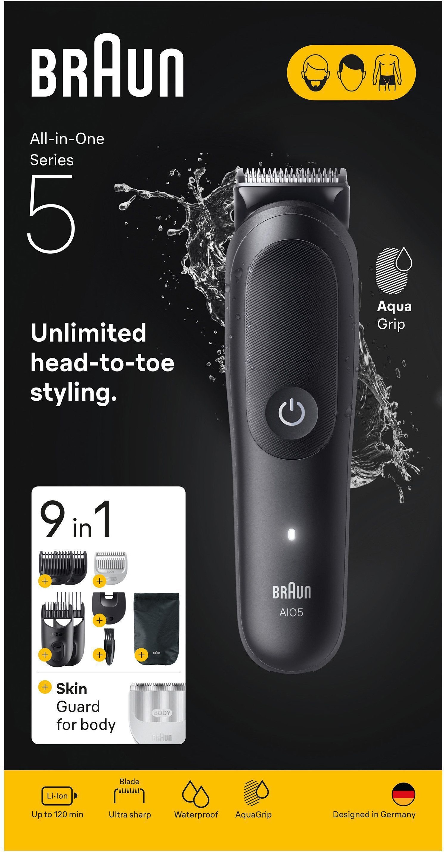 Braun Haarschneider »Braun All-in-One Series 5, 9-in-1 Set« ultrascharfe Klinge, 120 Min Akku, SkinGuard-Technologie