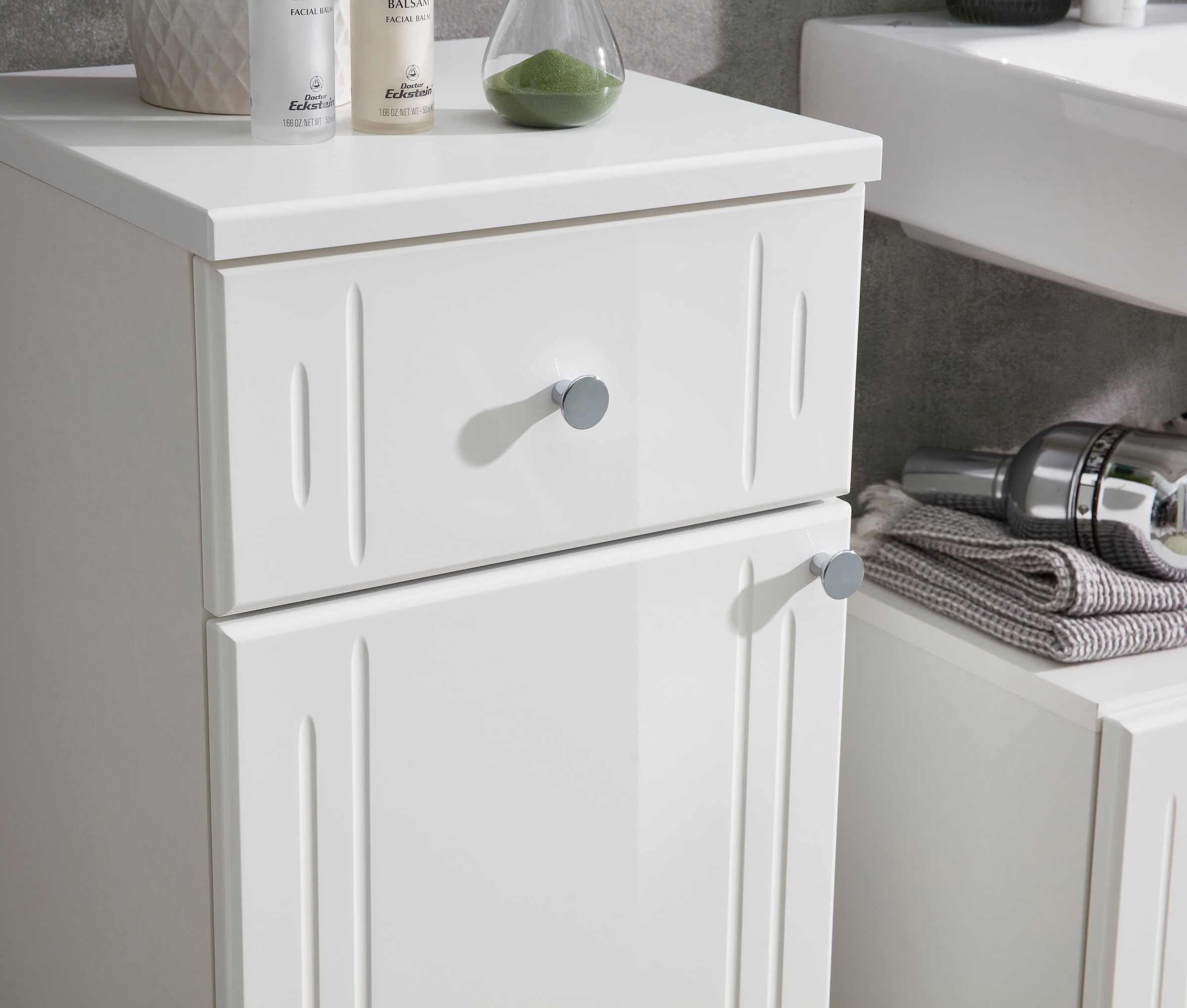 Saphir Unterschrank »Quickset 955 Badschrank mit 1 Tür, 1 Schublade, 32,5 cm breit« Badezimmer-Unterschrank in Weiss Hochglanz, Griffe Chrom Glanz
