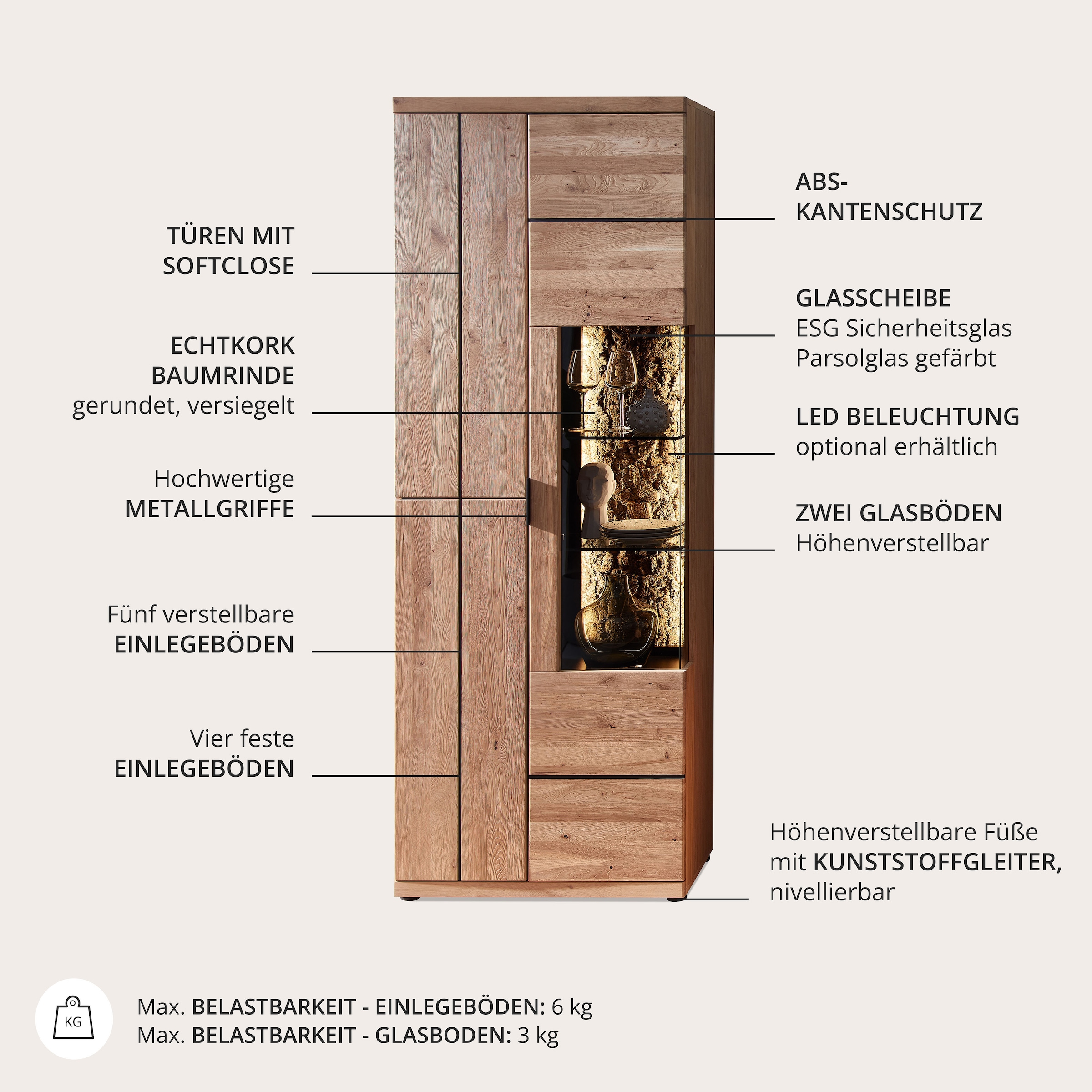 Wohnconcept Vitrines »Donna Vitrine, 75x207x42 (BxHxT)« 1 cuis tlg. Beleuchtung  bestellbar, 3 türig, Echtkork Absetzung, L/R verwendbar