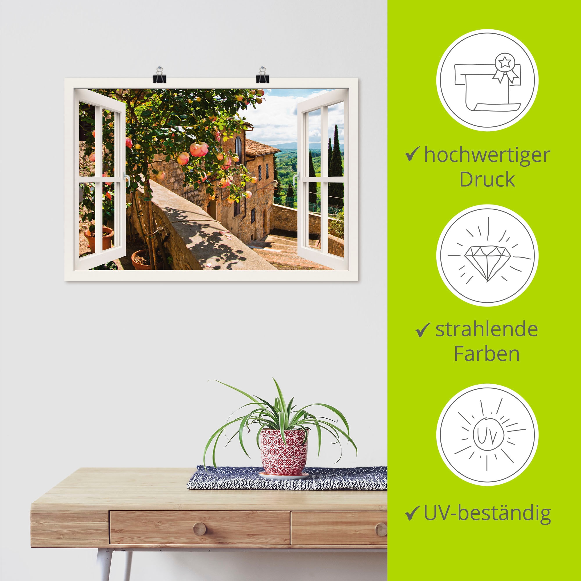 Artland Wandbild »Fensterblick Rosen auf Balkon Toskana« Garten 1 Stk. tlg. als Alubild, Leinwandbild, Poster in verschied. Grössen