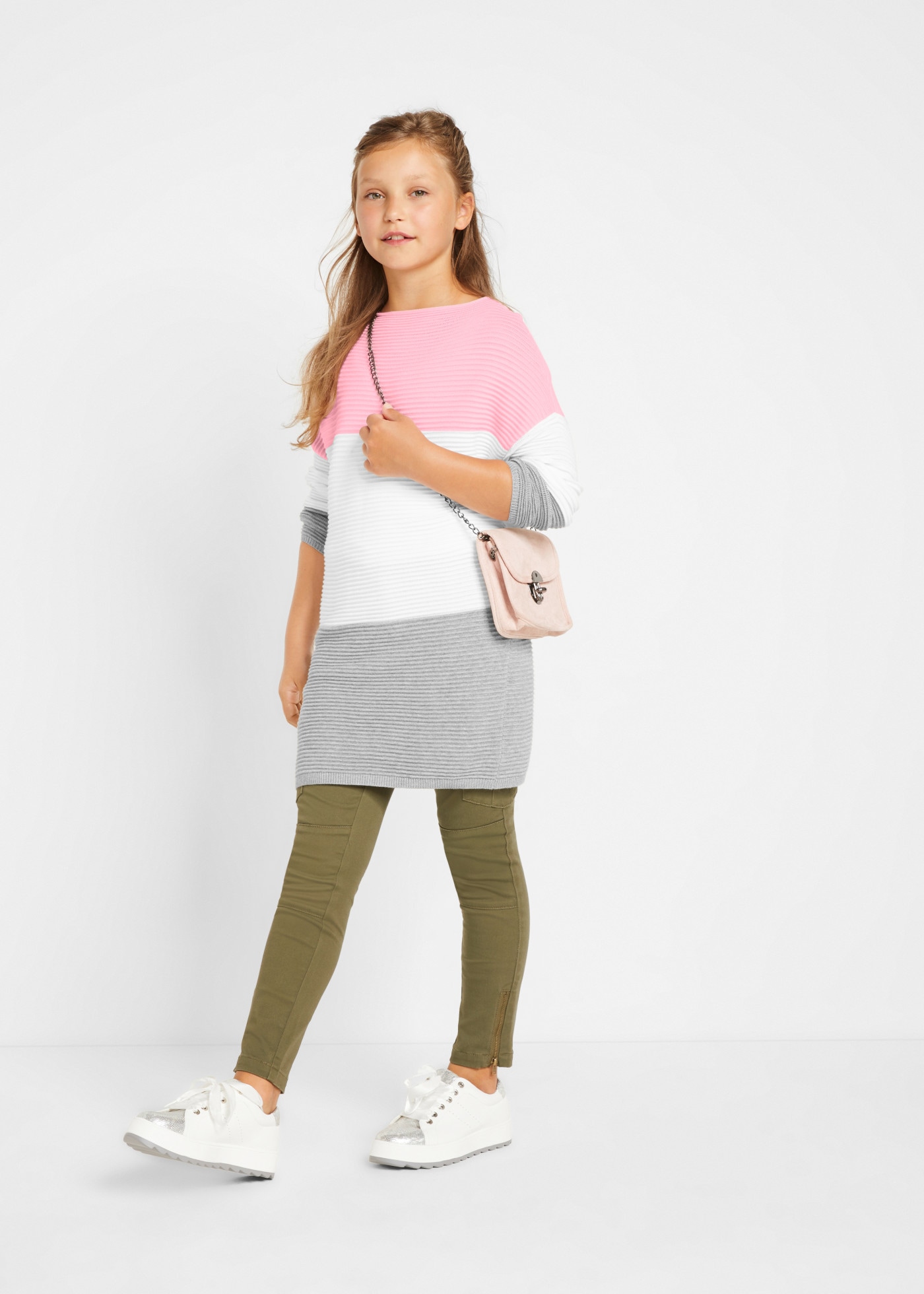 bonprix Pull long für Mädchen, mit Blockstreifen, Regular Fit
