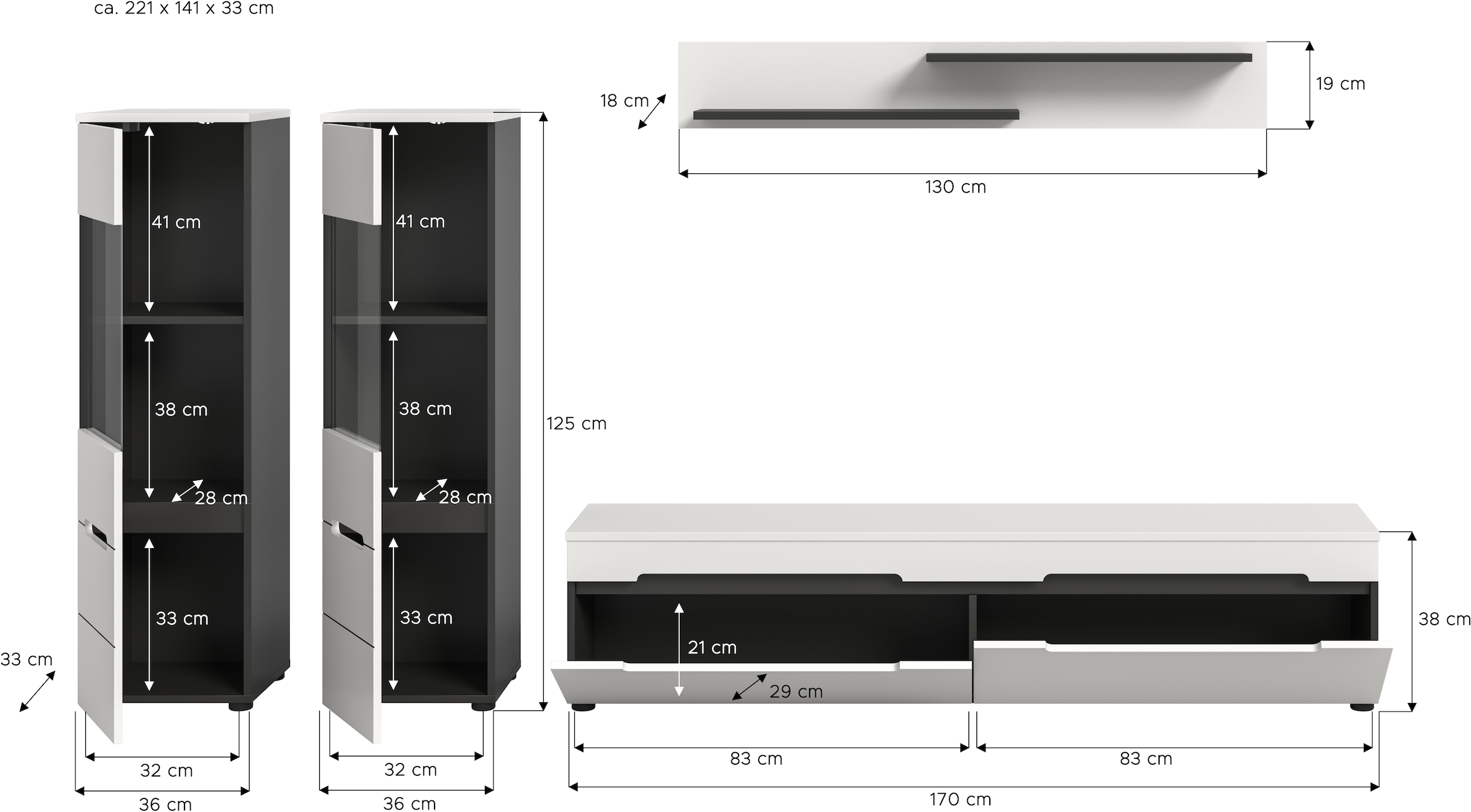 Home affaire Meuble mural »REHAT, TOPSELLER!, 4-teilig, wahlweise stehend und hängend montierbar« Set bestehend aus: 2x Vitrine, Lowboard und Wandboard, 3 cuis tlg.