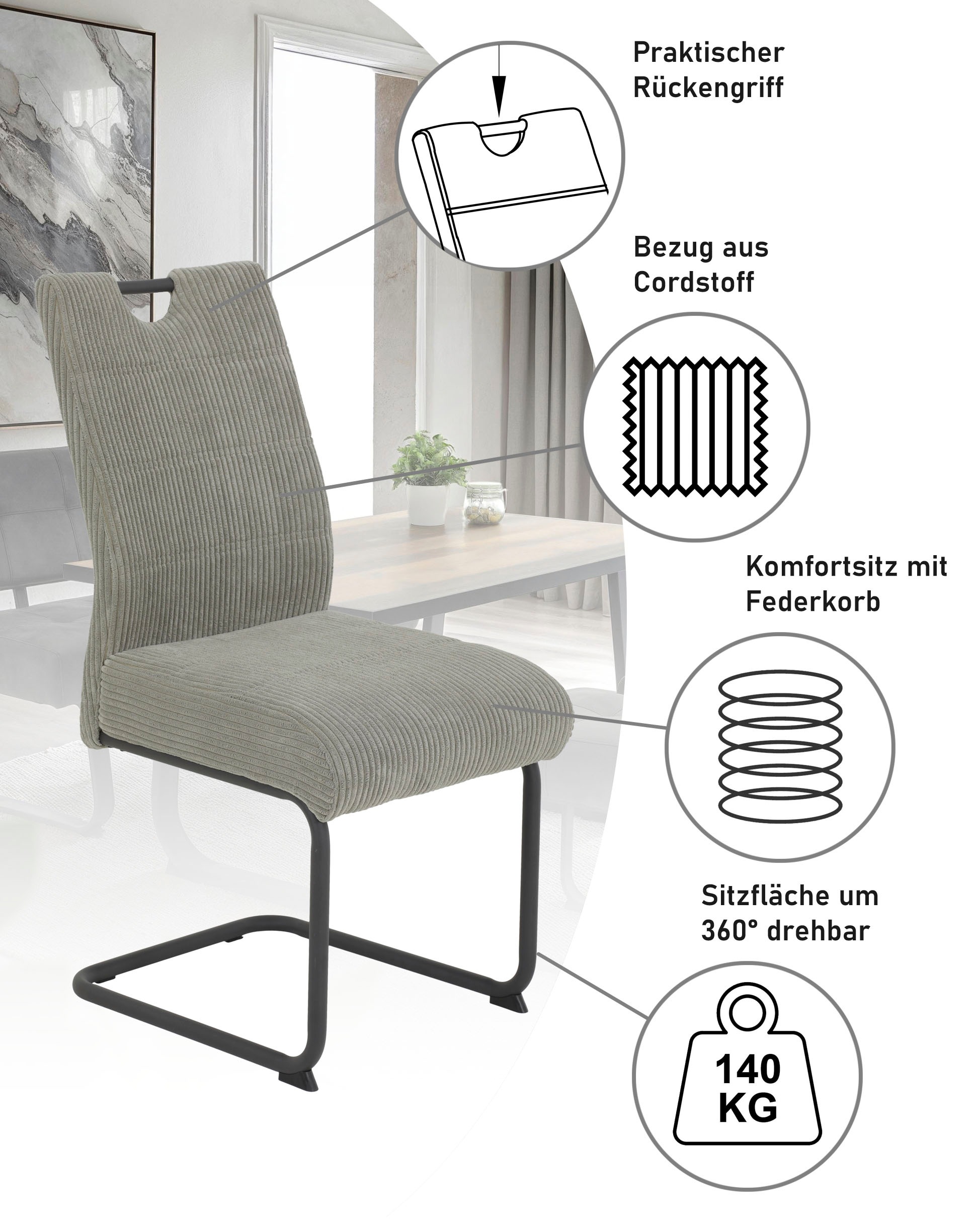 HELA Freischwinger »MERKUR XL« (Set) 2 Stk.Federkern, 140 Kg Belastbarkeit, Cord Bezug, 2er & 4er Set