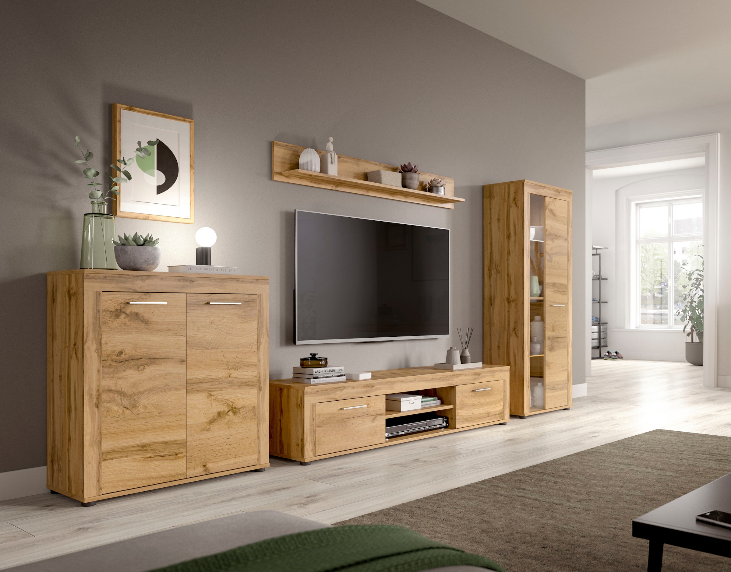 Home affaire Meuble mural »AOSTA, Breite 310cm, 4-teilige Wohn-Kombination« bestehend aus: 2x Vitrine, Lowboard, Wandboard, 