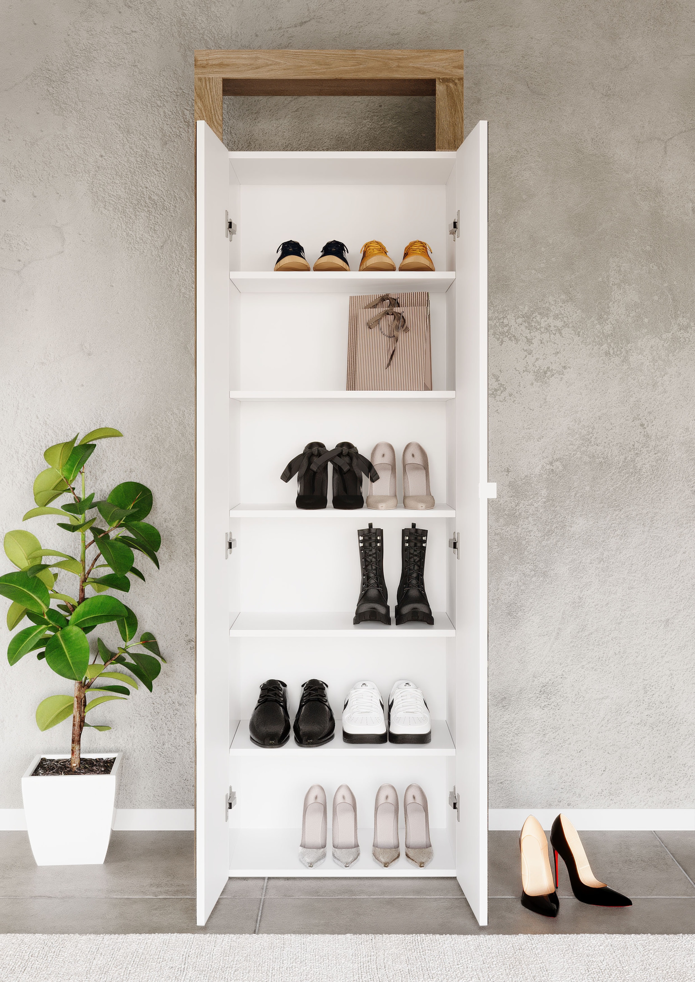 Home affaire Armoire à chaussures »Hamburg Höhe 195 cm, Hochschrank, 2 Spiegeltüren, dekorativer Rahmen,« Schuhregal mit 6 Ebenen, Ablagefach, verstellbare Böden, Metallgriff