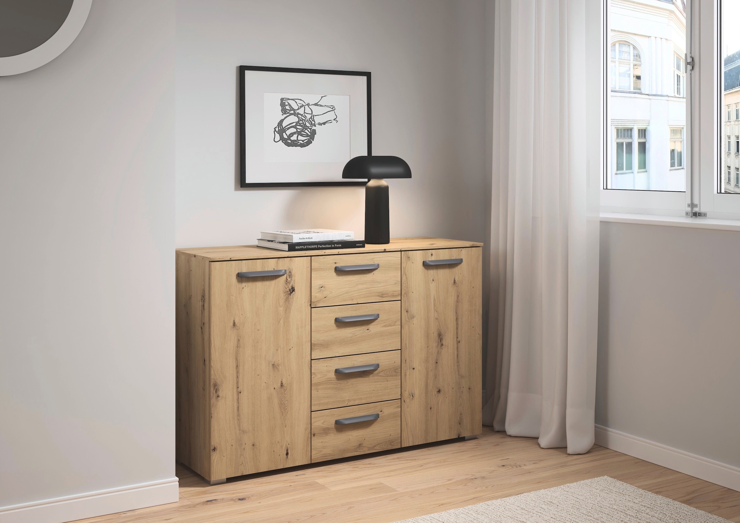 GOODproduct Kombikommode »Kommode Sideboard Schubladenkommode Schlafzimmerkommode OTELI« Breite 120 cm inkl. SOFT-CLOSE-FUNKTION, mit moderner Dekor-Front,  vier grosse Schubladen und 2 Türen, mit 4 Einlegeböden MADE IN GERMANY