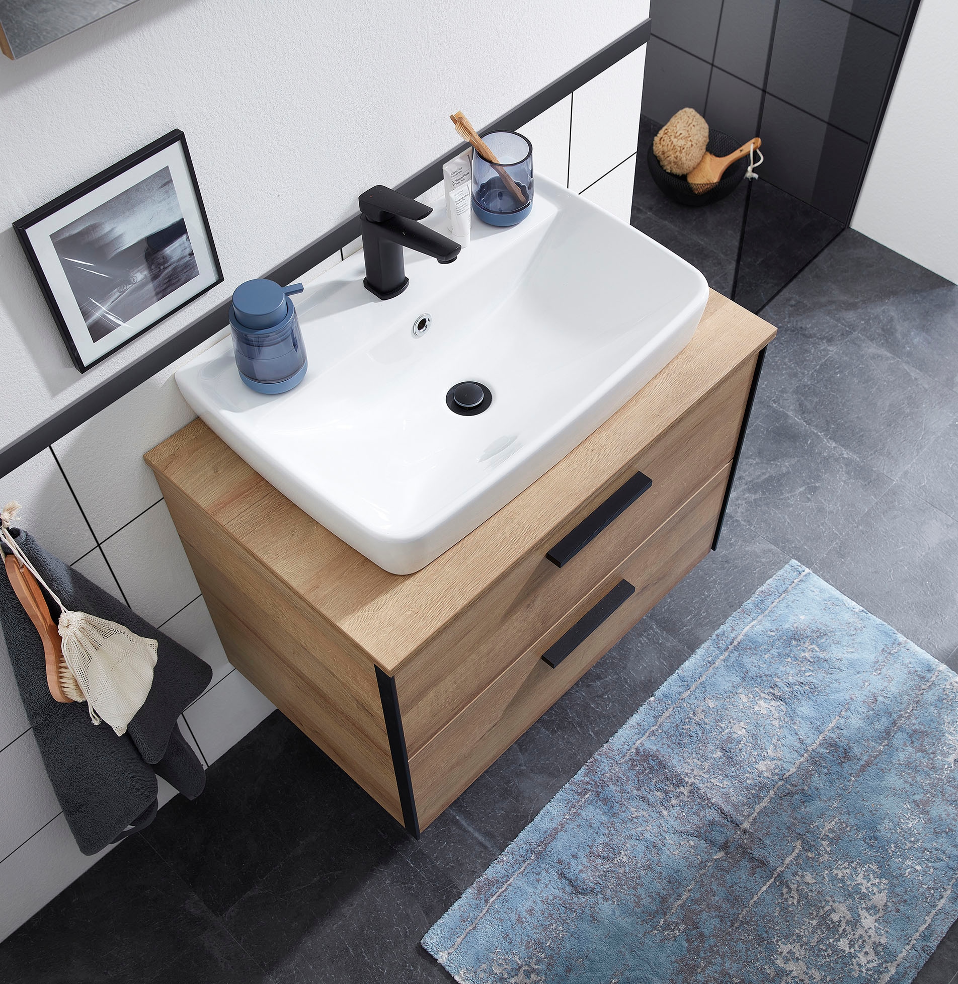 Saphir Ensemble de meubles de salle de bain »Quickset 395 2-teilig, Keramik-Aufsatzbecken mit LED-Spiegelschrank« 4 cuis tlg.