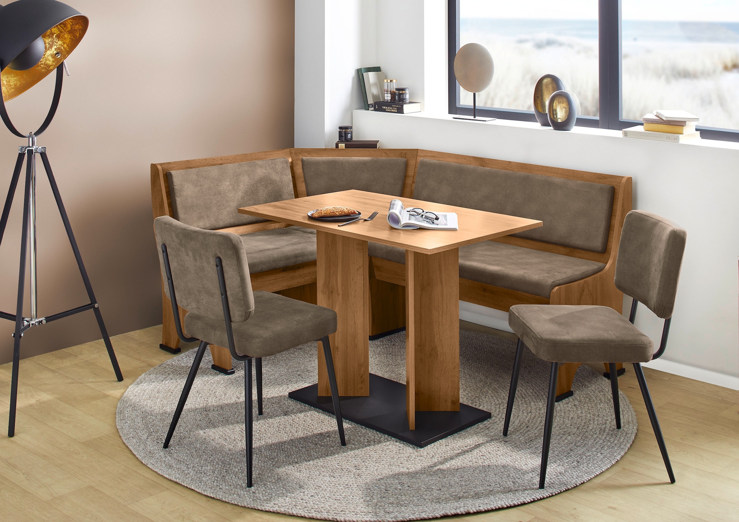 GOODproduct Eckbankgruppe »Theo (Set, 4-tlg. Tisch, Bank und 2 Stühle) 2 Farben wählbar« Bank links/rechts montierbar, mit Stauraum, Stühle im 2er Set