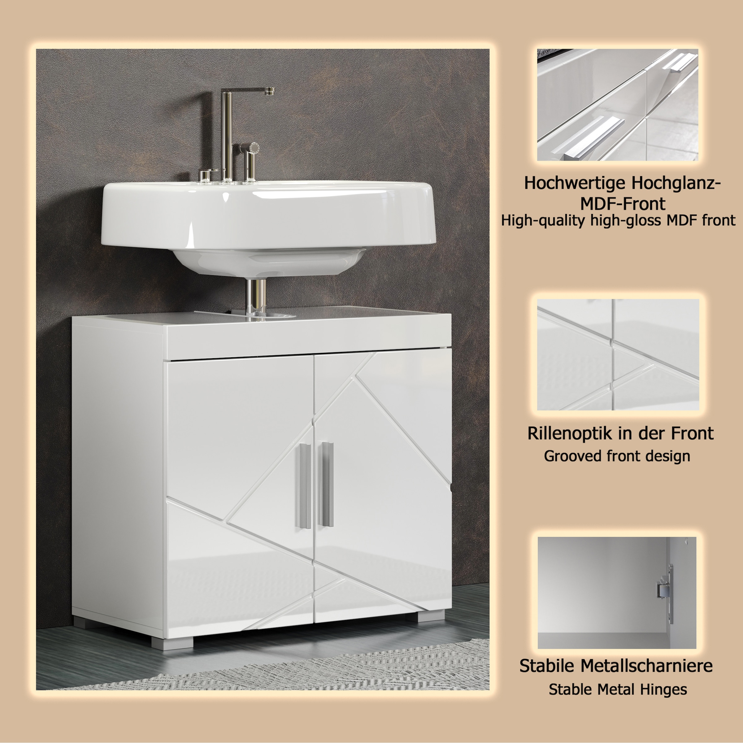 welltime Waschbeckenunterschrank »Avena« 1 Stk. tlg. Waschbeckenunterschrank mit Türen & Einlegeboden – (B/T/H) 60/34/56 cm