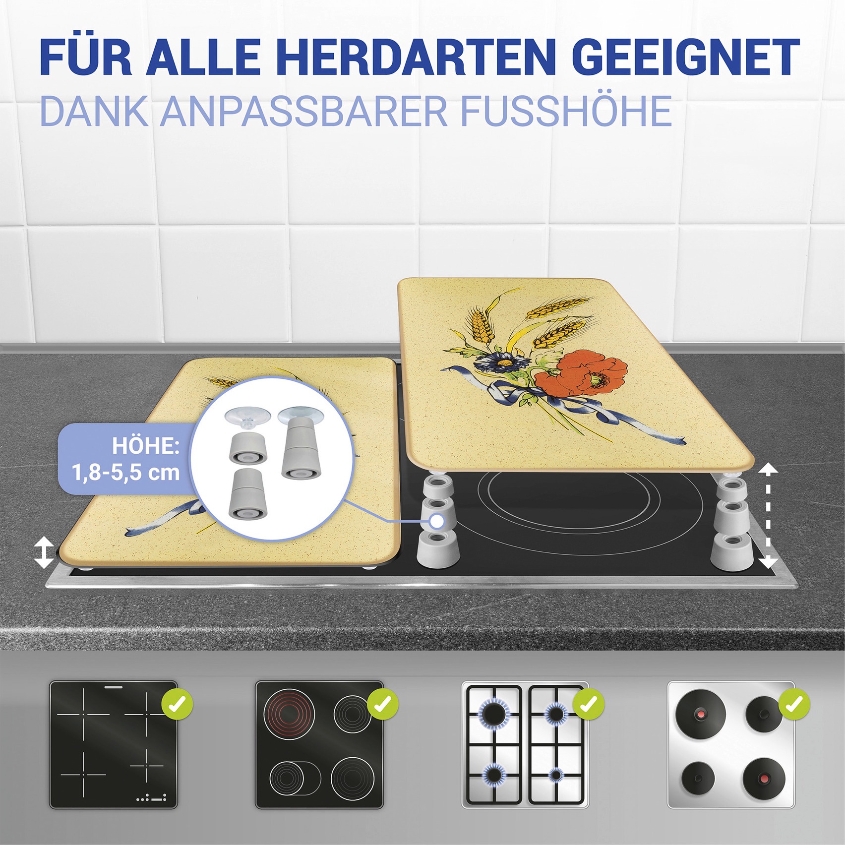 WENKO Herd-Abdeckplatte »Universal Modell Kornblumen« Herdabdeckung für alle Herdarten, kratzfest, mit rutschfesten Füssen