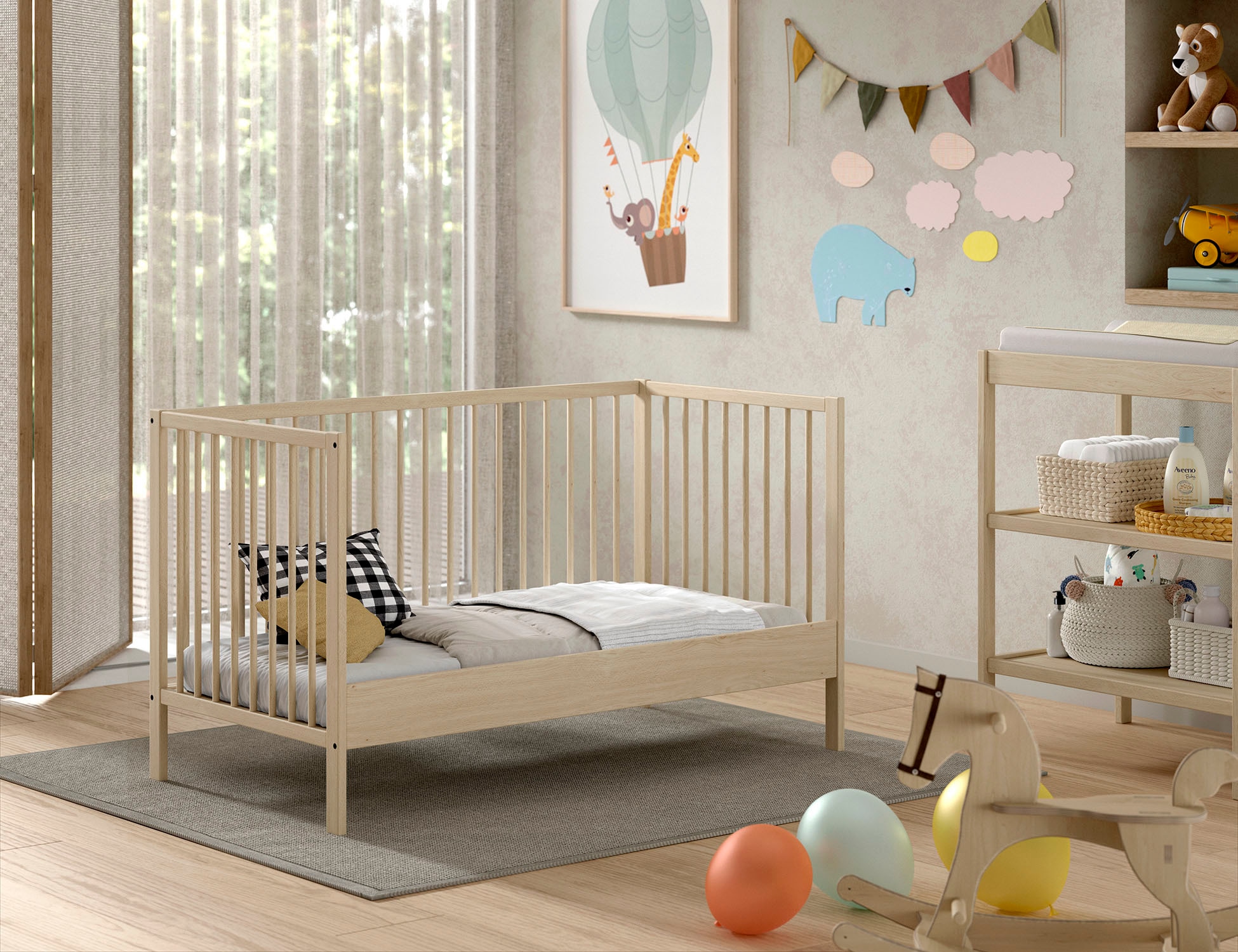 Vipack Lit bébé »Dino 70/140 mit 3-fach verstellb. Lattenrost, inkl. 3 Schlupfsprossen« en hêtre massif, convertible en lit junior, au choix en 3 couleurs