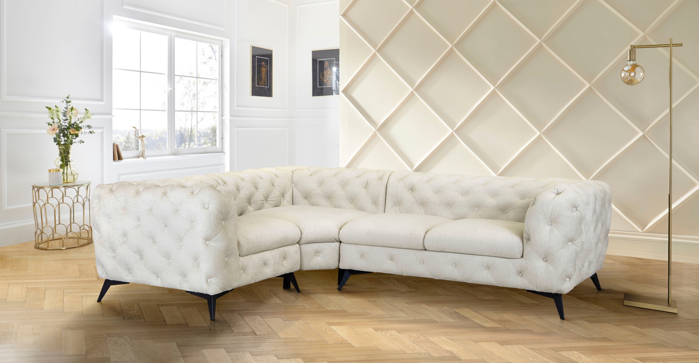 Home affaire Canapé Chesterfield »Ecksofa GLYNIS L-Form mit Wellenunterfederung, Masse B/T/H 264/204/75cm« aufwändige Knopfheftung, moderne Chesterfield Optik, Fussfarbe wählbar