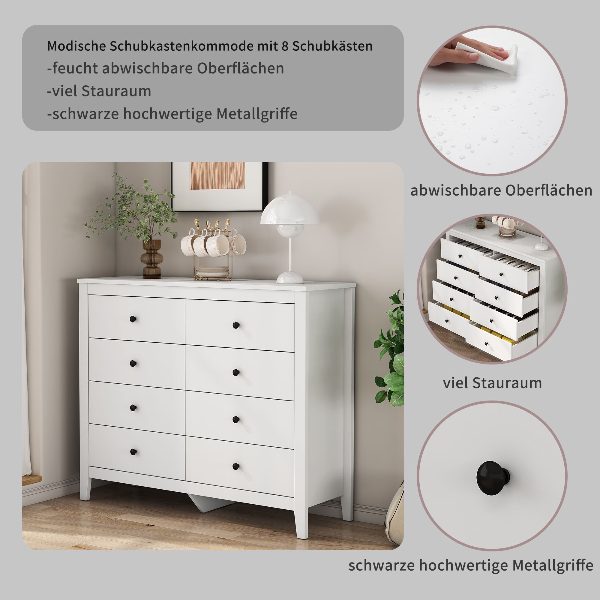 GOODproduct Schubkastenkommode »Borkum Sideboard mit 8 Schubladen Bestseller Landhaus weiss« schwarze Griffe aus Metall, 