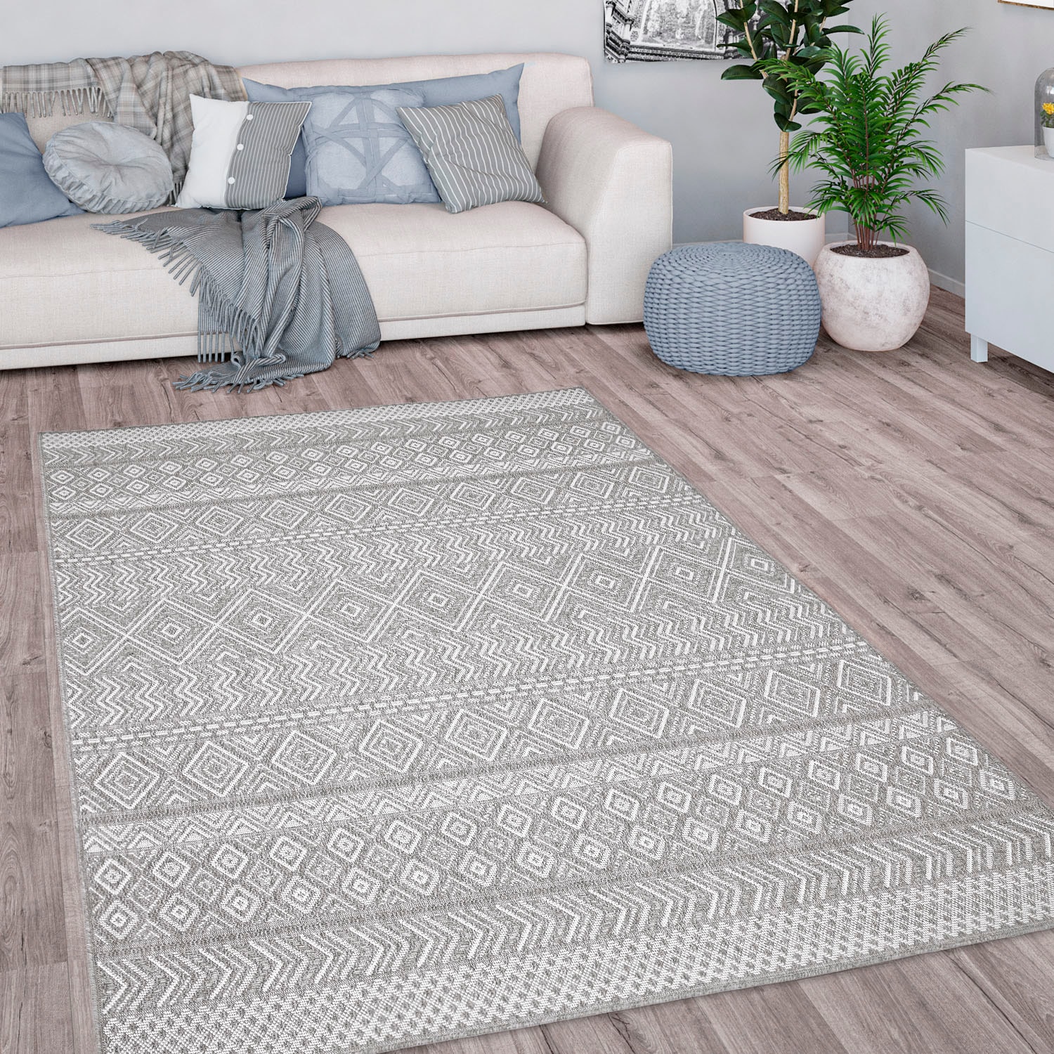 Paco Home Teppich »Vermont 190« rechteckig 4 mm Höhe Flachgewebe, modernes Design mit Rauten, gesteift, Outdoor geeignet