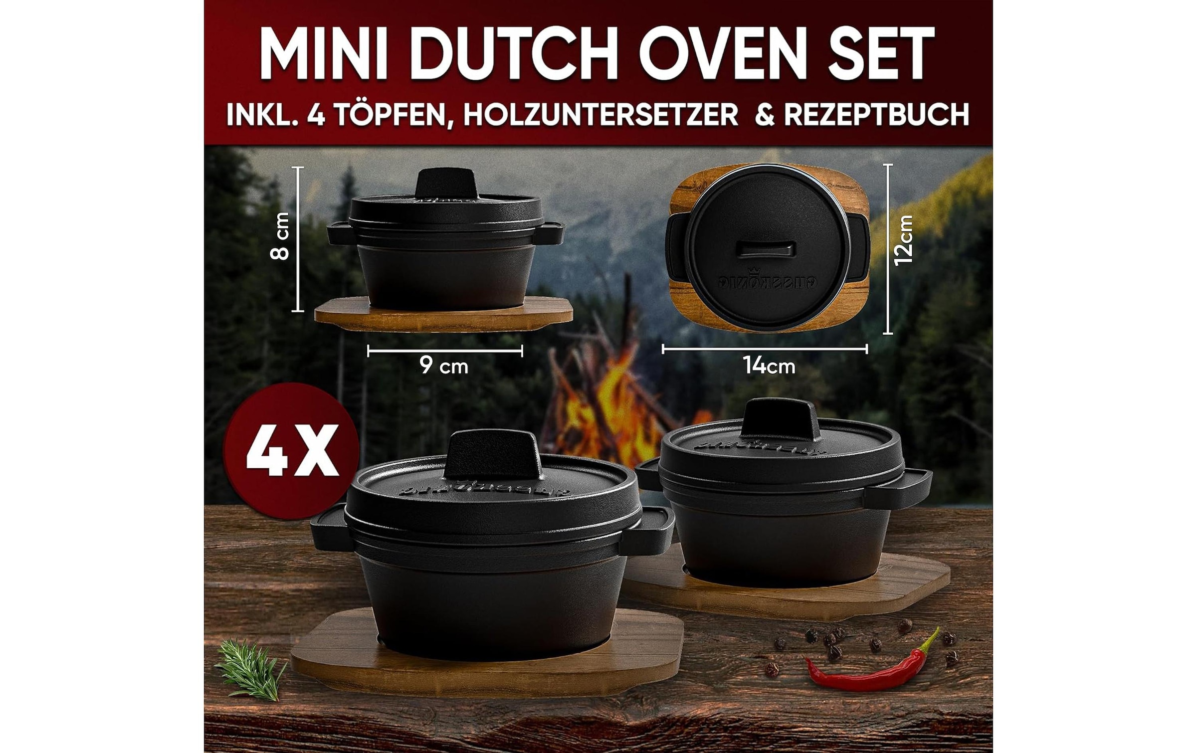   Grilltopf »Gusskoenig Mini Dutch Set 4 Töpfe, Untersetzer« Gusseisen 8 Stk. tlg. Set 4 Töpfe mit Holz-Untersetzern und Rezeptbuch