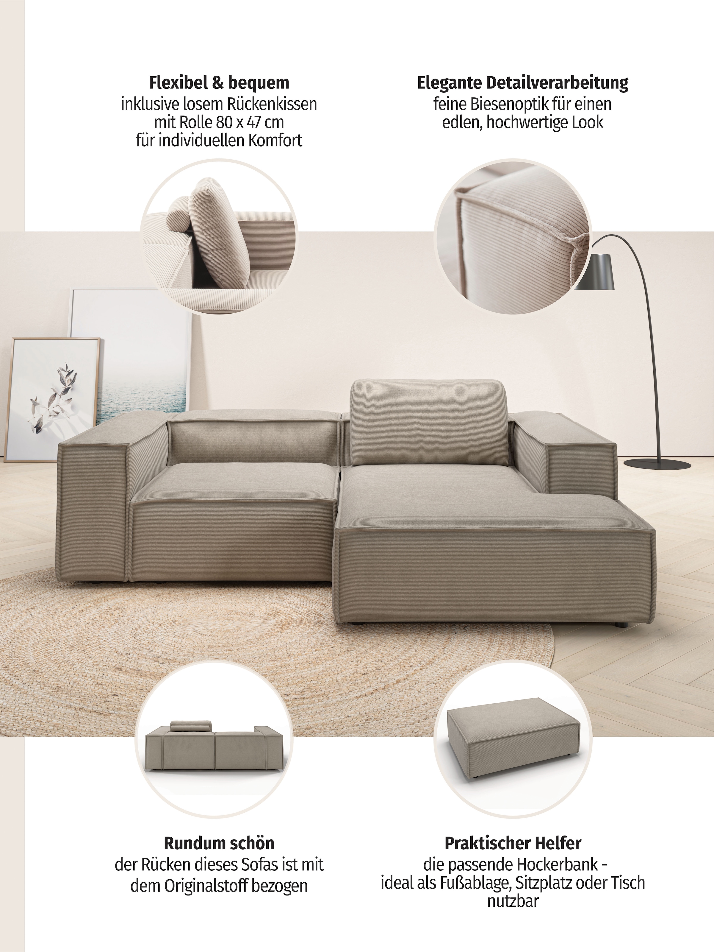 Home affaire Ecksofa »Watertown, kompakte L-Form, Japandi Design, 246 cm Breite« modernes Ecksofa mit Feincordbezug, platzsparend & bequem