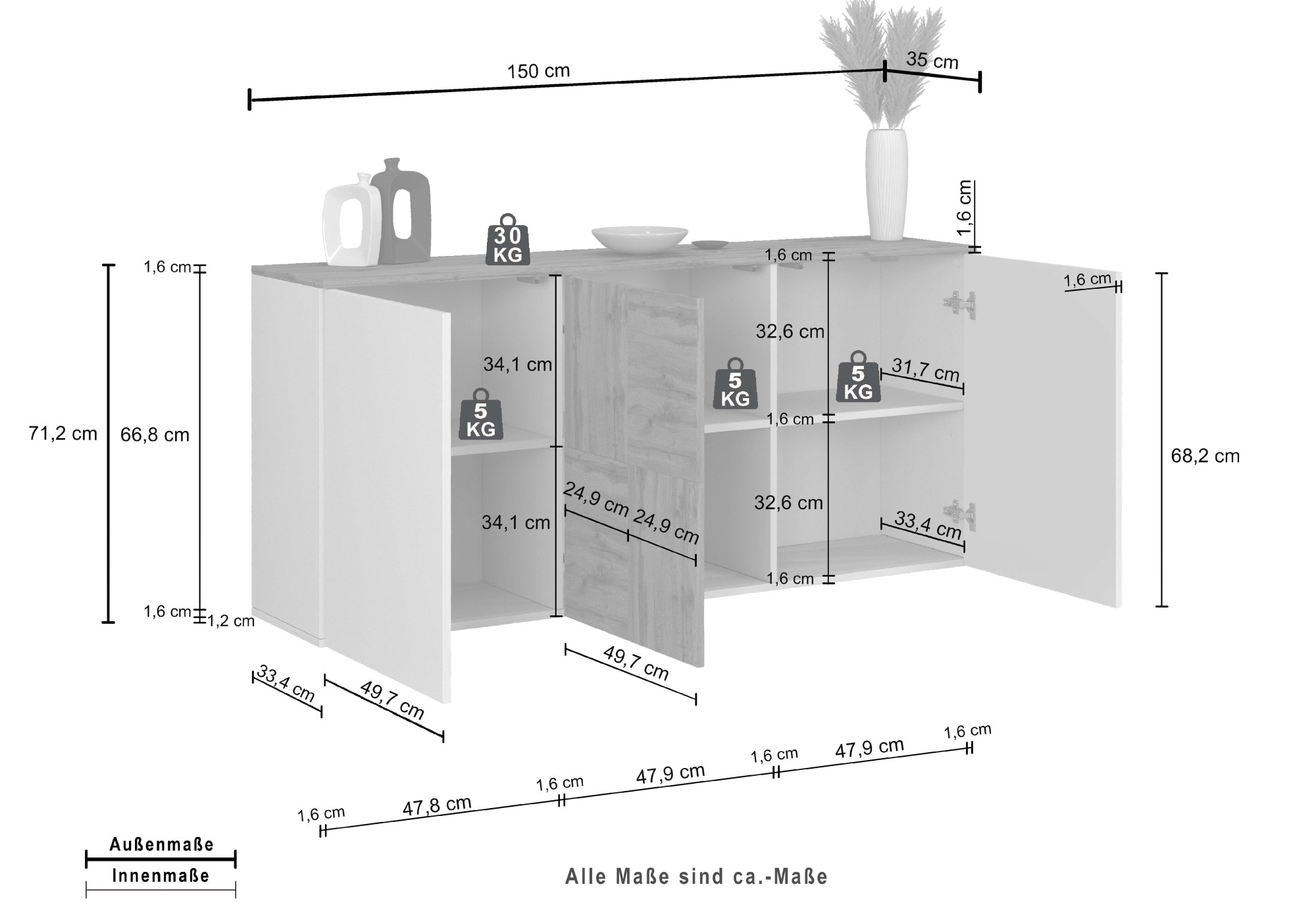 GOODproduct Sideboard »ISEO, Kommode, Schrank, Sideboard, Lowboard, 6 Fächer, Breite 150 cm« 1 Stk. tlg. stehend/hängend, 3 Türen Hochglanz lackiert, Made in Italy