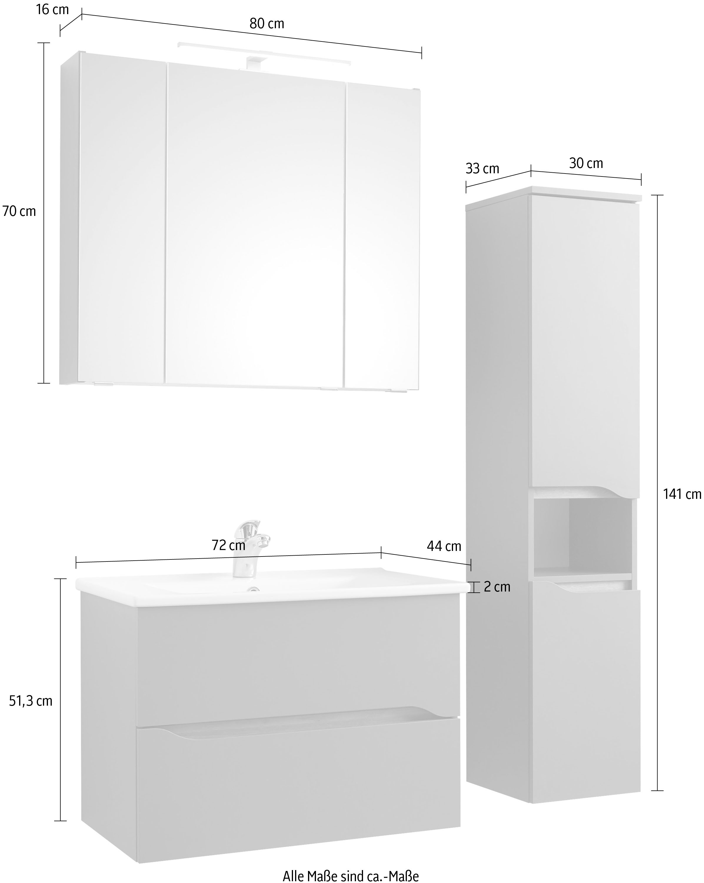 Saphir Ensemble de meubles de salle de bain »Quickset 3-teilig, Keramikwaschtisch mit LED-Spiegelschrank« 3 cuis tlg.